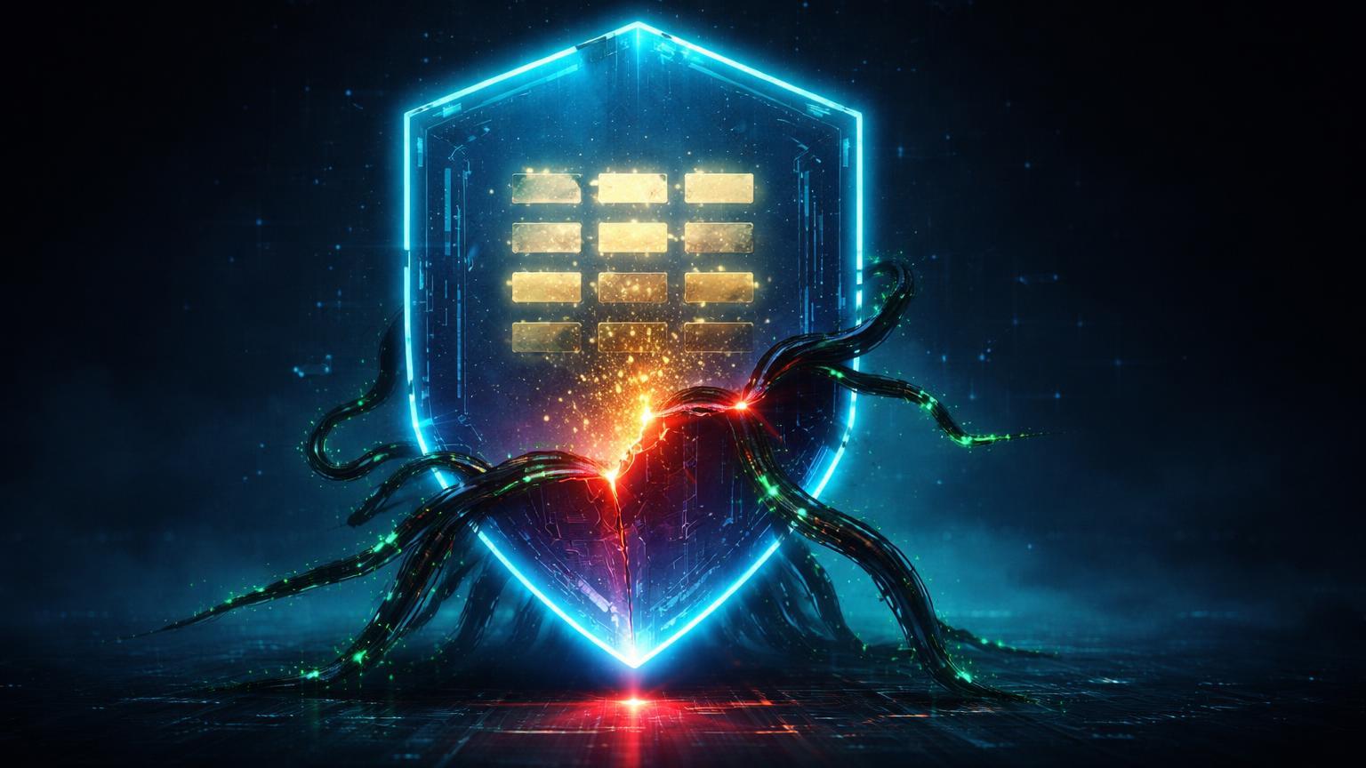 Escudo hexagonal cyan com brecha vermelha infiltrada por código corrompido expondo núcleo de seed phrase, alertando malware na Snap Store Linux