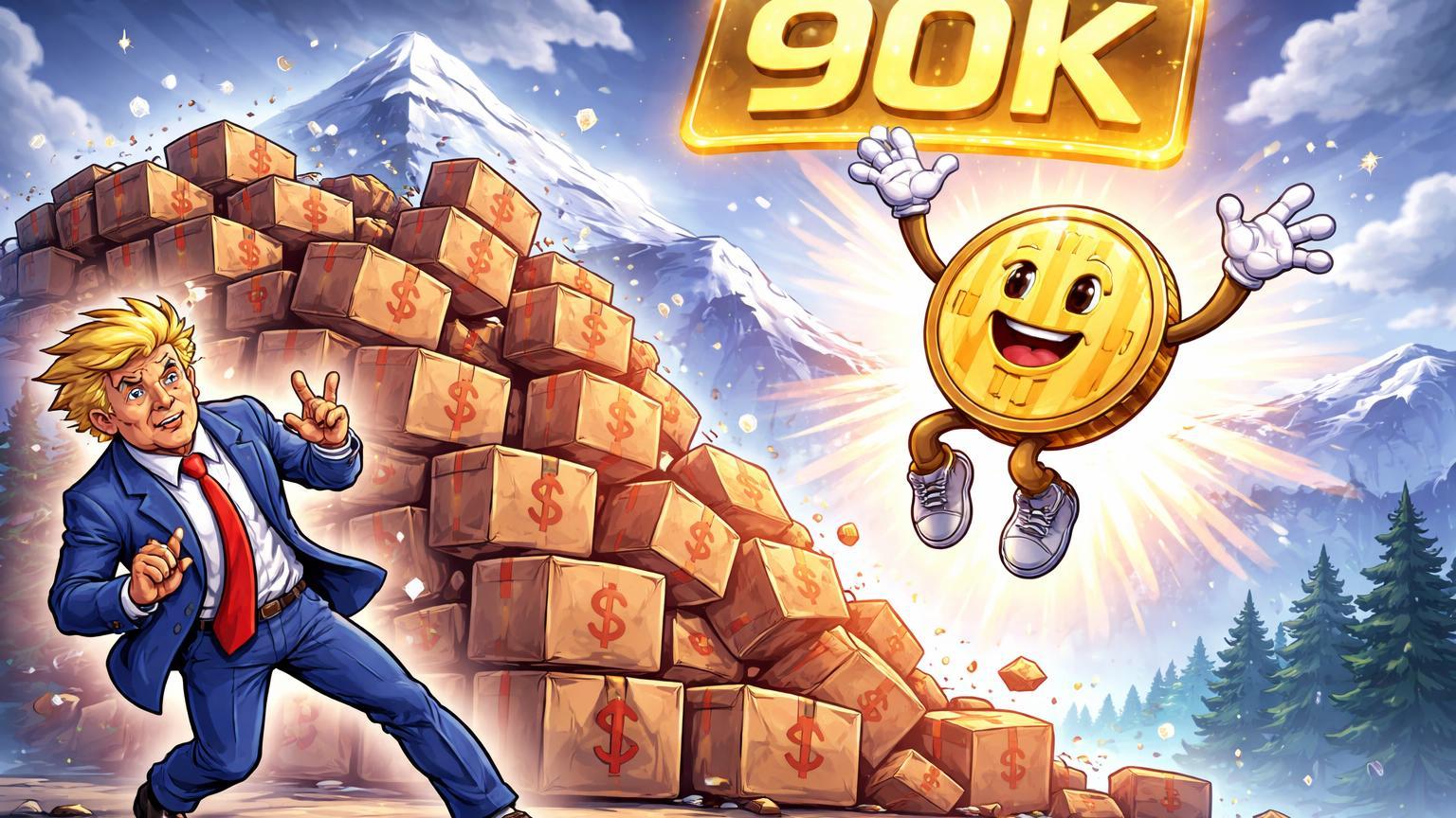 Líder político cartoon recuando de pilha de tarifas, Bitcoin saltando para marco 90K, simbolizando recuperação após recuo de Trump em Davos