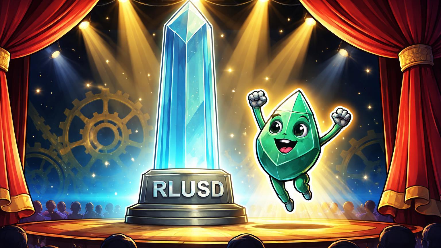 Personagem XRP cartoon celebrando ao lado de pilar RLUSD sob holofotes em palco, marcando listagem da stablecoin Ripple na Binance