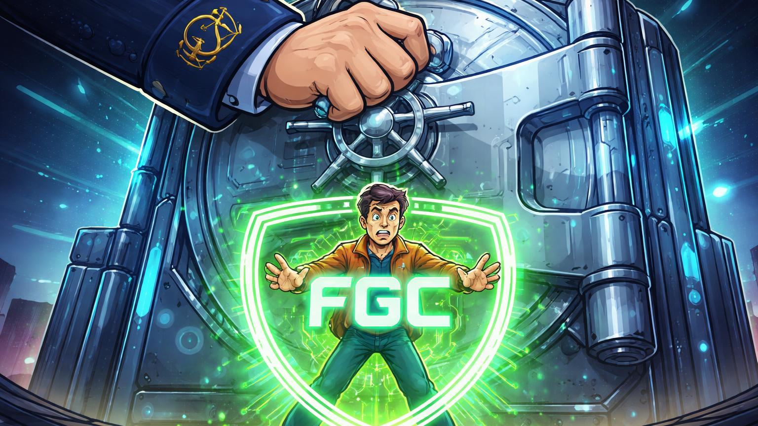 Mão do Banco Central fechando porta de cofre bancário com cliente cartoon protegido por escudo FGC, ilustrando liquidação do Will Bank