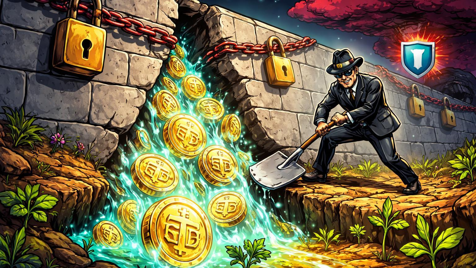 Personagem cartoon ampliando rachadura em muro de sanções com fluxo de USDT irrigando terra seca, simbolizando evasão iraniana e pressão na Tether