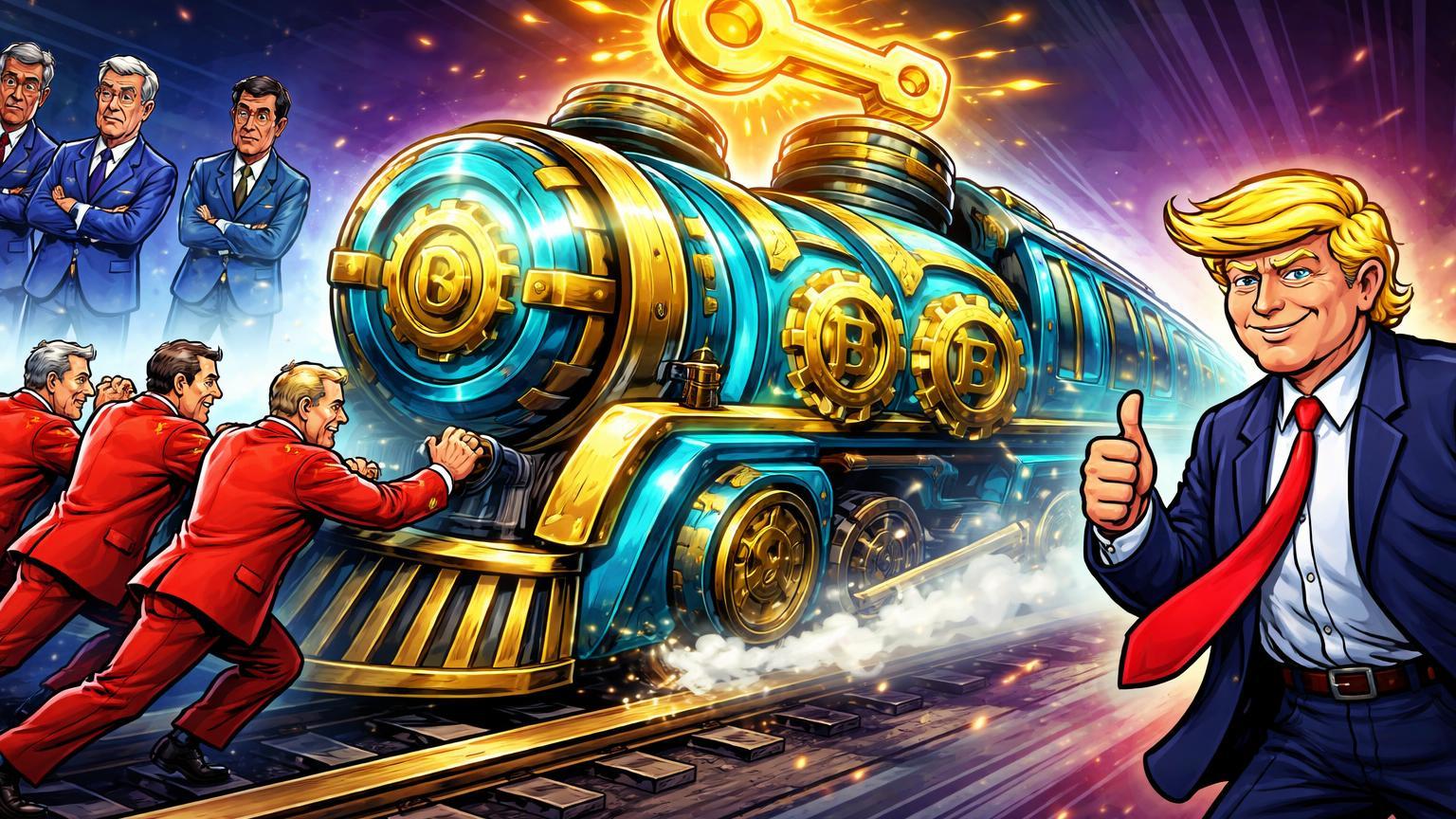 Senadores cartoon republicanos empurrando trem de lei pró-cripto, democratas hesitantes e Trump incentivando, ilustrando avanço regulatório nos EUA