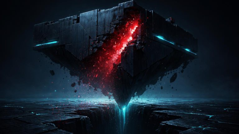 Fortaleza cyberpunk com brecha vermelha emitindo corrupção e abismo rachado abaixo, simbolizando hack na Saga e mínima do Bitcoin em 2026