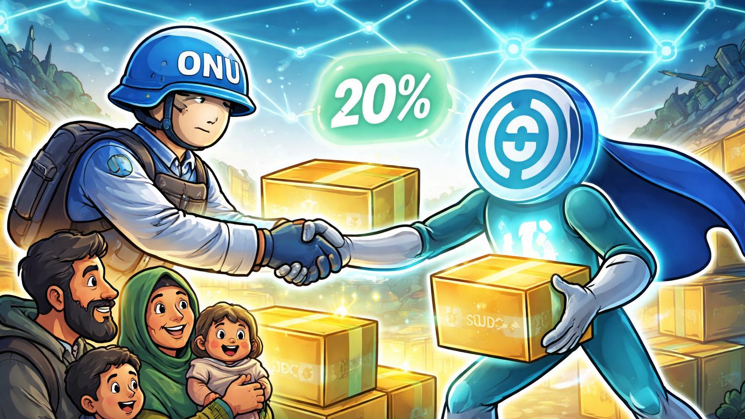 Personagens cartoon da ONU e Circle entregando caixas USDC luminosas a refugiados, com rede blockchain e bolha 20%, simbolizando economia em ajuda humanitária