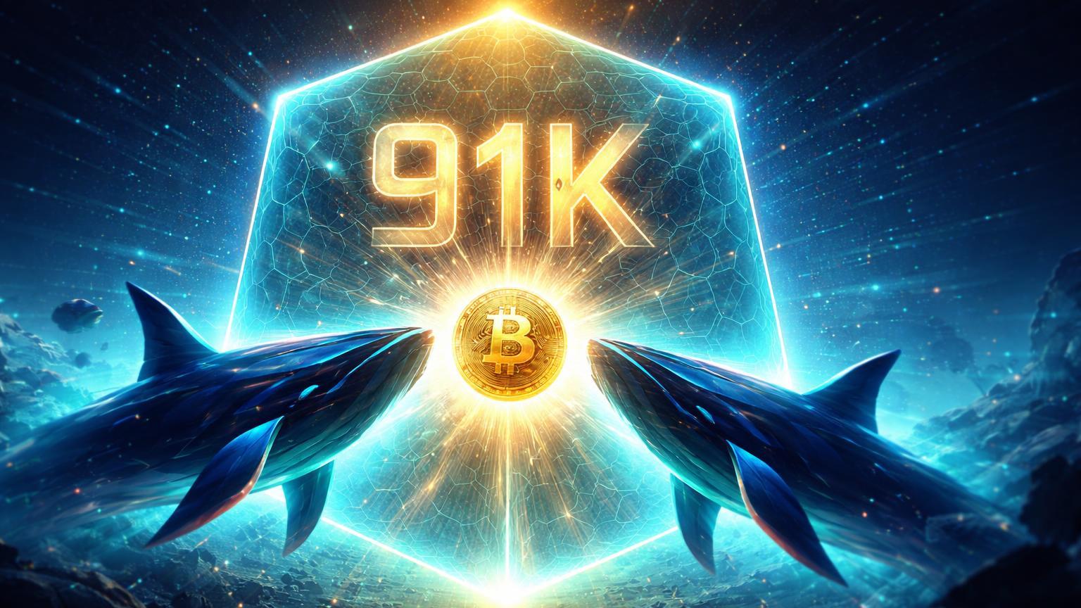 Baleias estilizadas empurrando esfera Bitcoin através de barreira com 91K luminoso, simbolizando fechamento semanal crucial para alta em 2026
