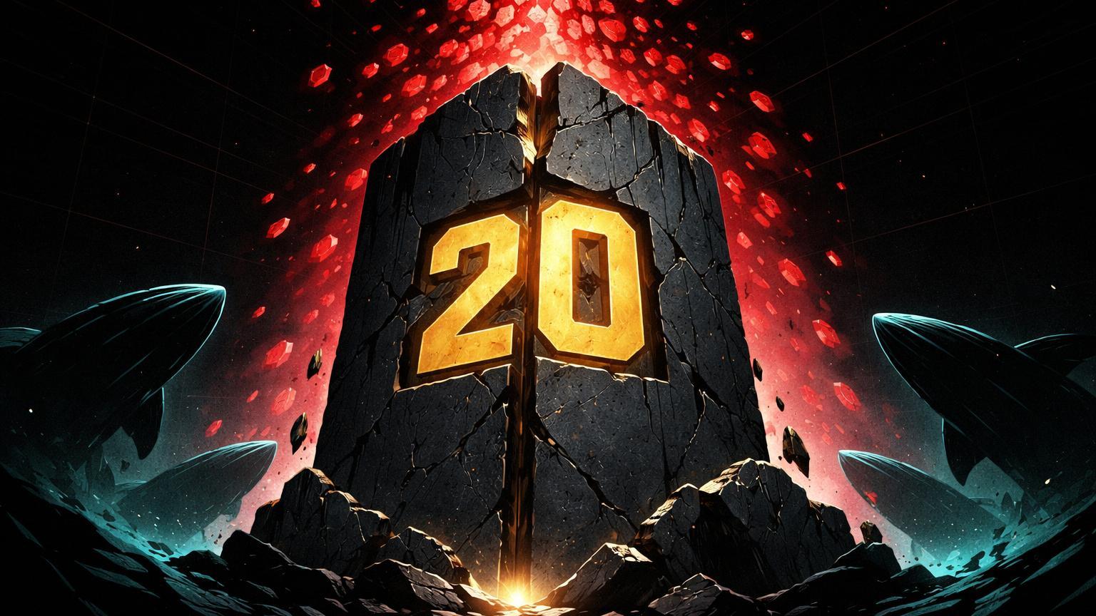 Pilar de suporte com '20' gravado rachando sob cascata vermelha de tokens HYPE, silhuetas de baleias sombrias, alertando risco no Hyperliquid