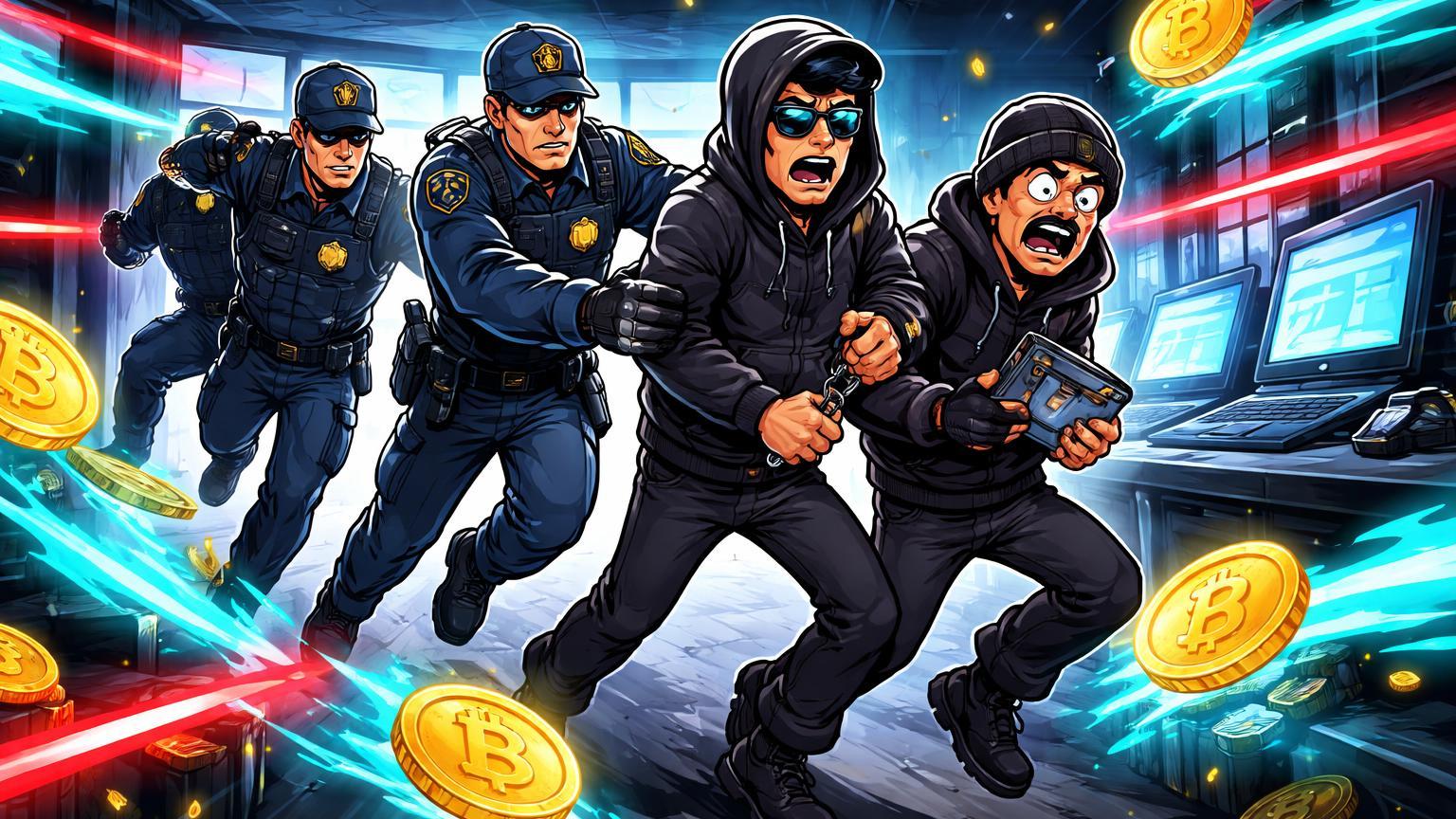 Agentes policiais cartoon algemando criminosos com elementos cripto, ilustrando operação da PF contra lavagem de R$ 39 milhões