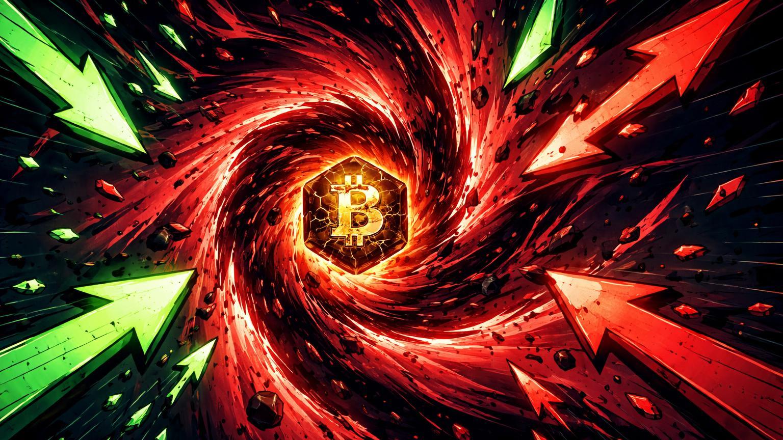 Vórtice caótico vermelho engolindo posições compradas e vendidas em Bitcoin, simbolizando liquidações simultâneas por volatilidade extrema