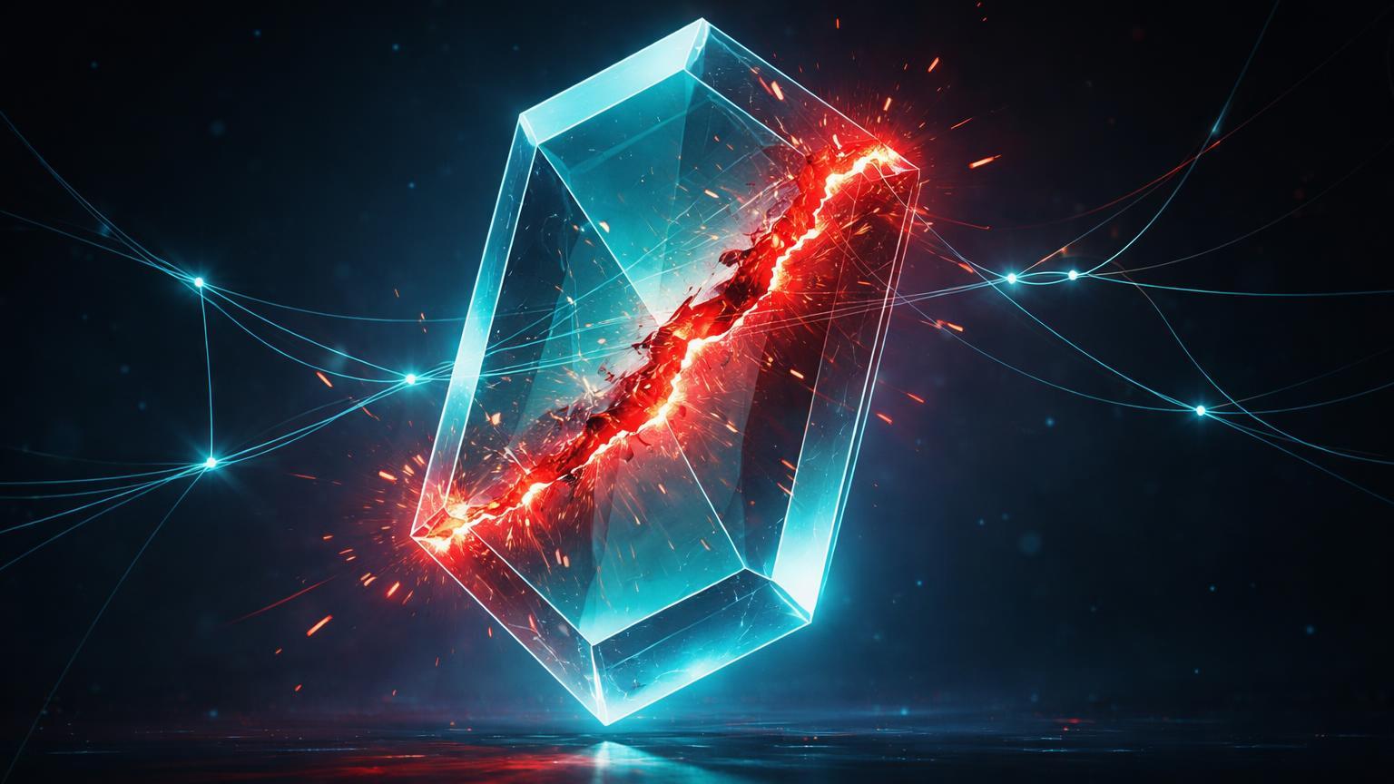 Cristal hexagonal de stablecoin com rachadura vermelha vazando energia em rede DeFi, ilustrando hack e desancoragem da SagaEVM