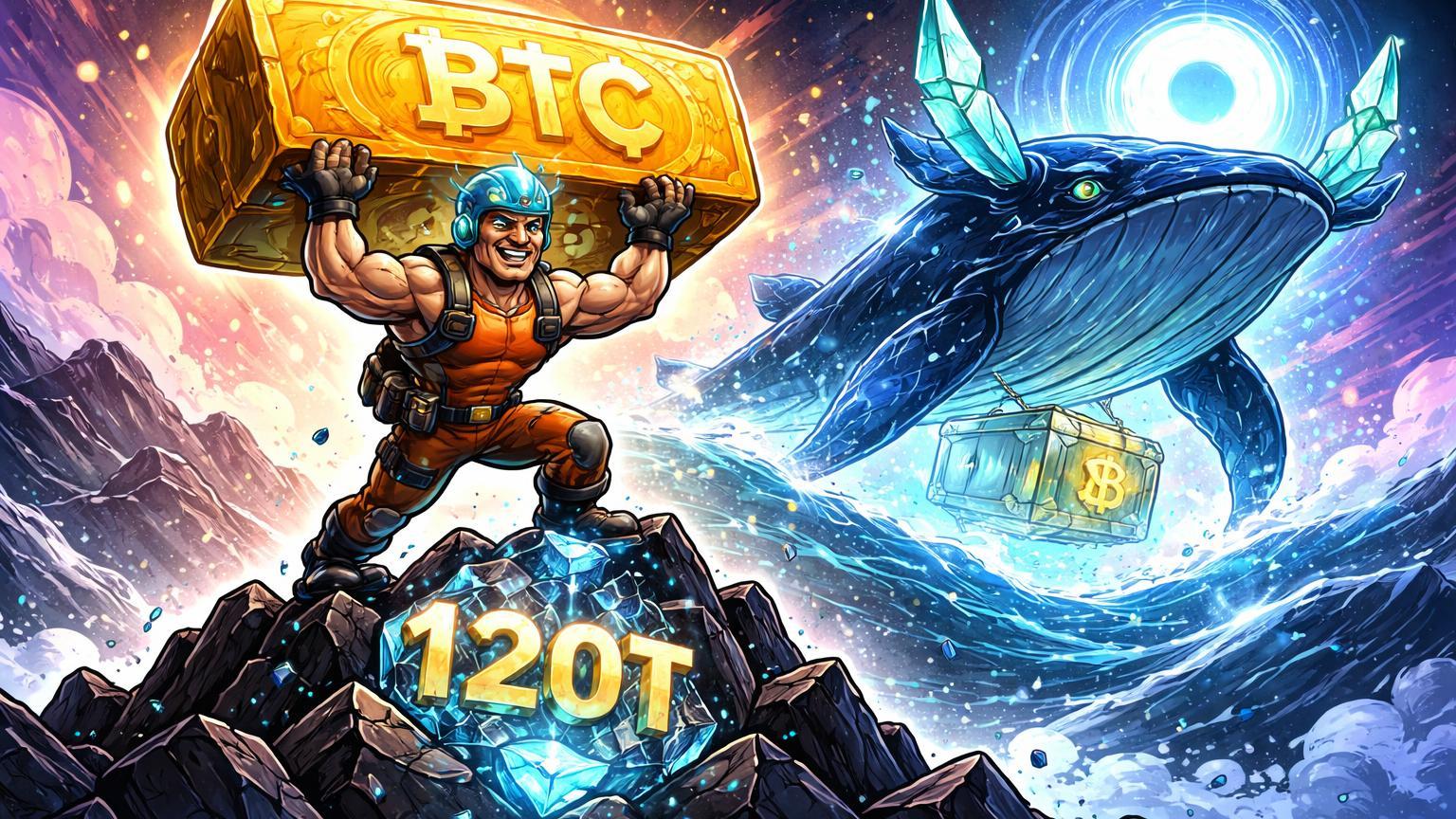 Minerador cartoon triunfante carregando bloco BTC sobre montanha de dificuldade 120T, com baleia movendo ETH para staking on-chain