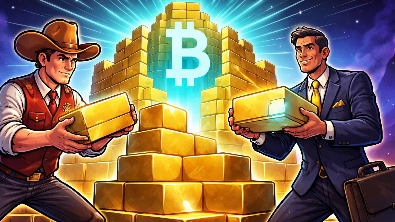 Personagens cartoon de governador Kansas e executivo BlackRock construindo fortaleza com BTC central, simbolizando adoção institucional irreversível