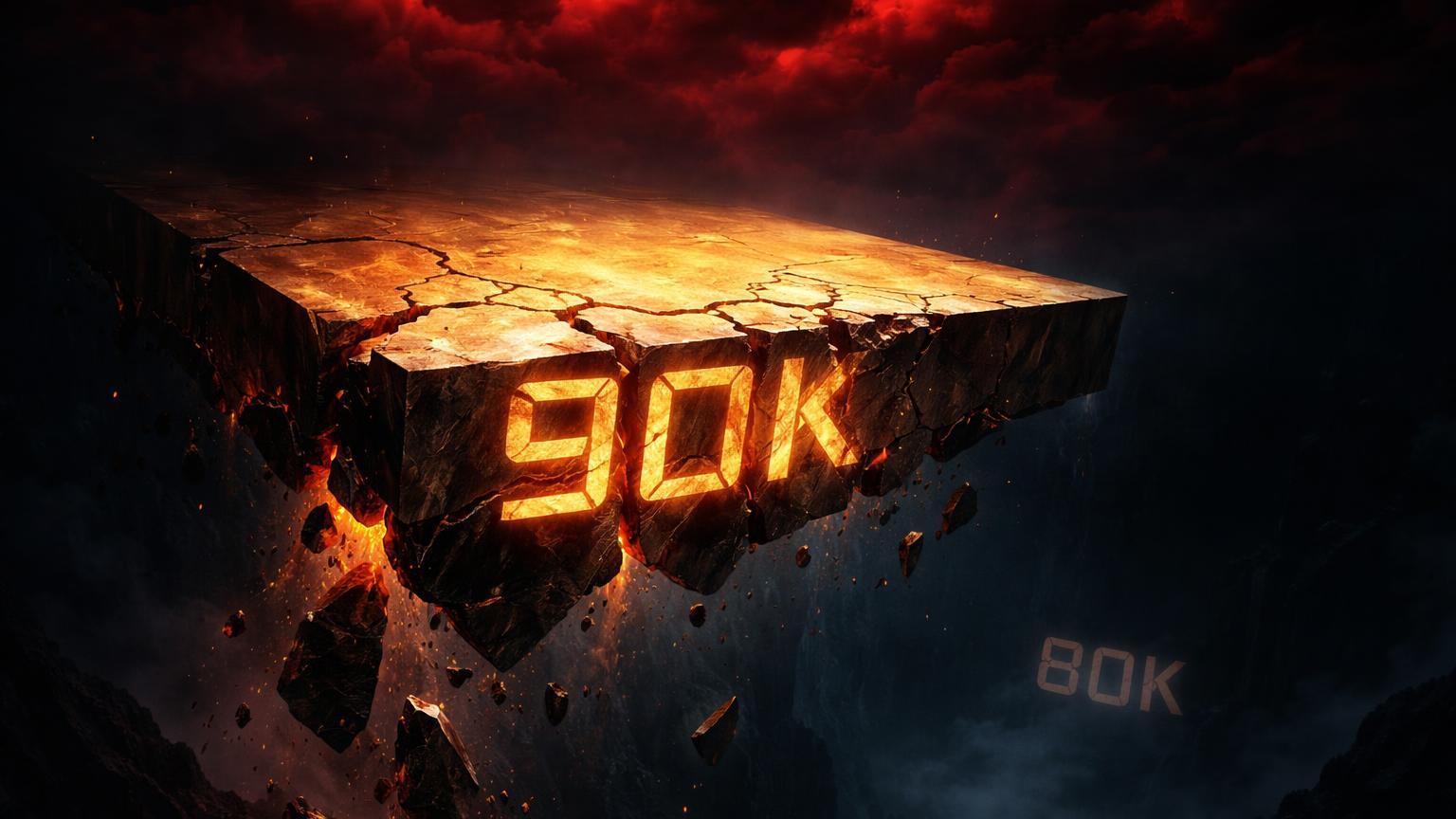 Plataforma cristalina dourada rachando no marco 90K sobre abismo com 80K distante, alertando risco de queda do Bitcoin para analistas