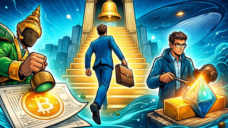 Executivos cartoon tailandês, BitGo e Bitwise abrindo caminhos institucionais para Bitcoin ETF e NYSE, com baleia ao fundo simbolizando riscos