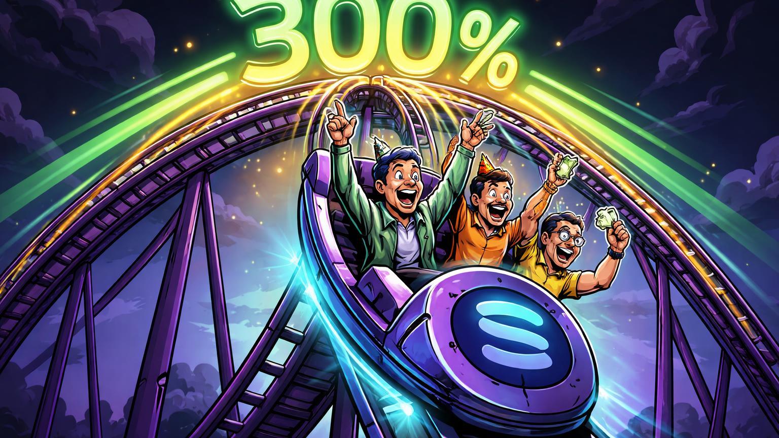 Traders cartoon eufóricos em montanha-russa de token no pico com '300%' neon, capturando euforia irônica do SKR na Solana
