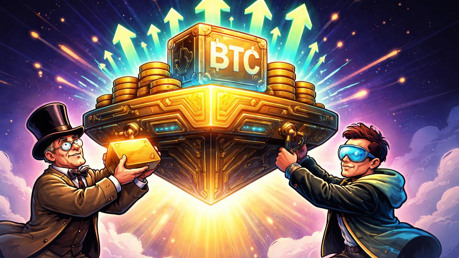 Personagens cartoon bancário com ouro e tech com Bitcoin/DeFi elevando plataforma híbrida, simbolizando novos fundos institucionais de BTC com rendimento
