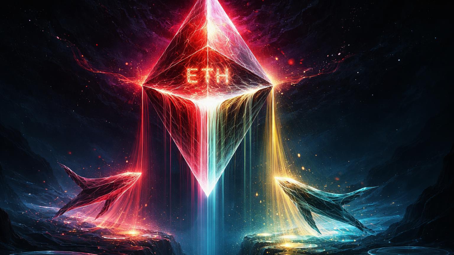 Prisma Ethereum surreal dividido: luz vermelha despencando e raios dourados coletados por baleias, paradoxo de preço caindo e reservas em mínima