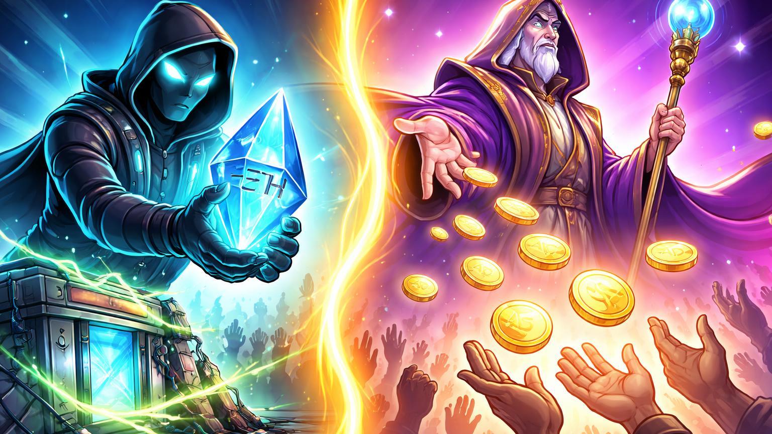 Personagens cartoon: whitehat devolvendo cristal ETH e líder Cardano delegando ADA para comunidade, simbolizando ética e resiliência cripto