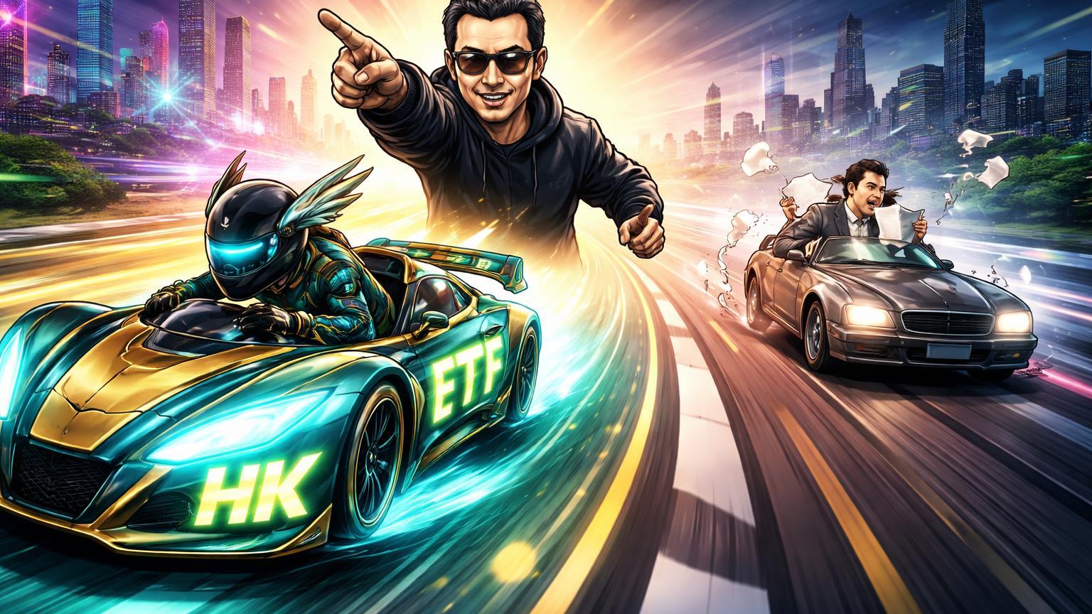 Personagens cartoon em pista de corrida: Ásia acelerando com carro neon ETF à frente de EUA burocrático parado, simbolizando liderança em cripto