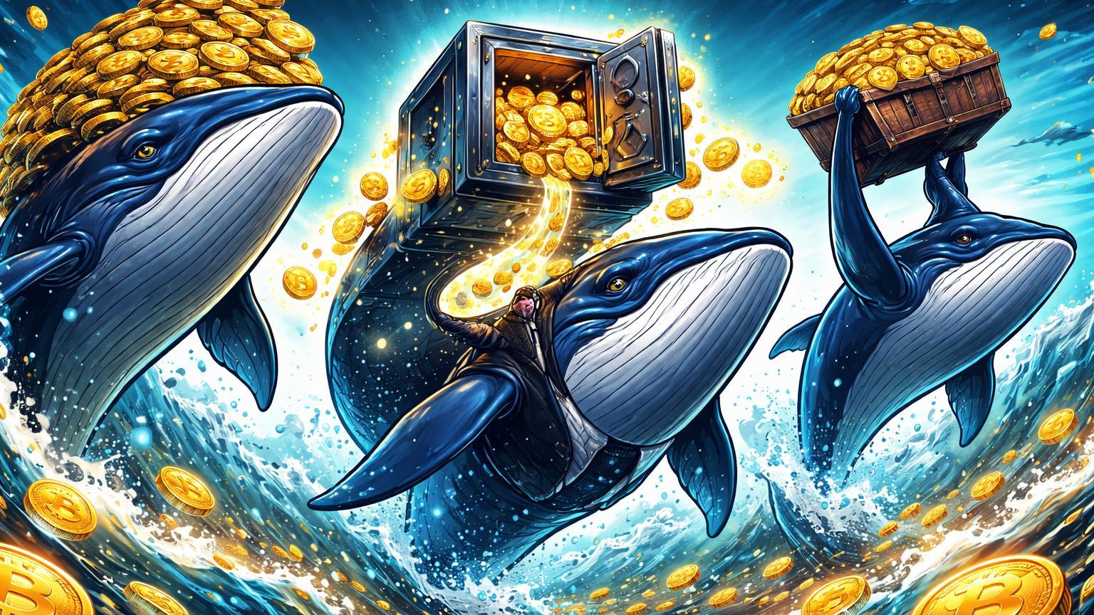 Baleias institucionais cartoon emergindo de oceano BTC, carregando tesouros, simbolizando acumulação por Saylor, BlackRock e Strive