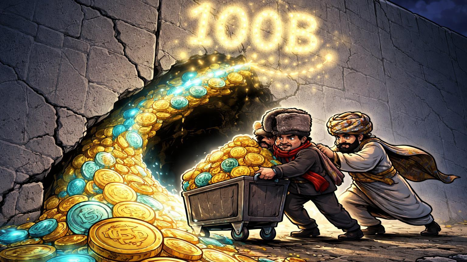 Personagens cartoon evadindo muro de sanções com carrinho de stablecoins USDT e A7A5, expondo US$100 bi em burla por Rusya e Irã