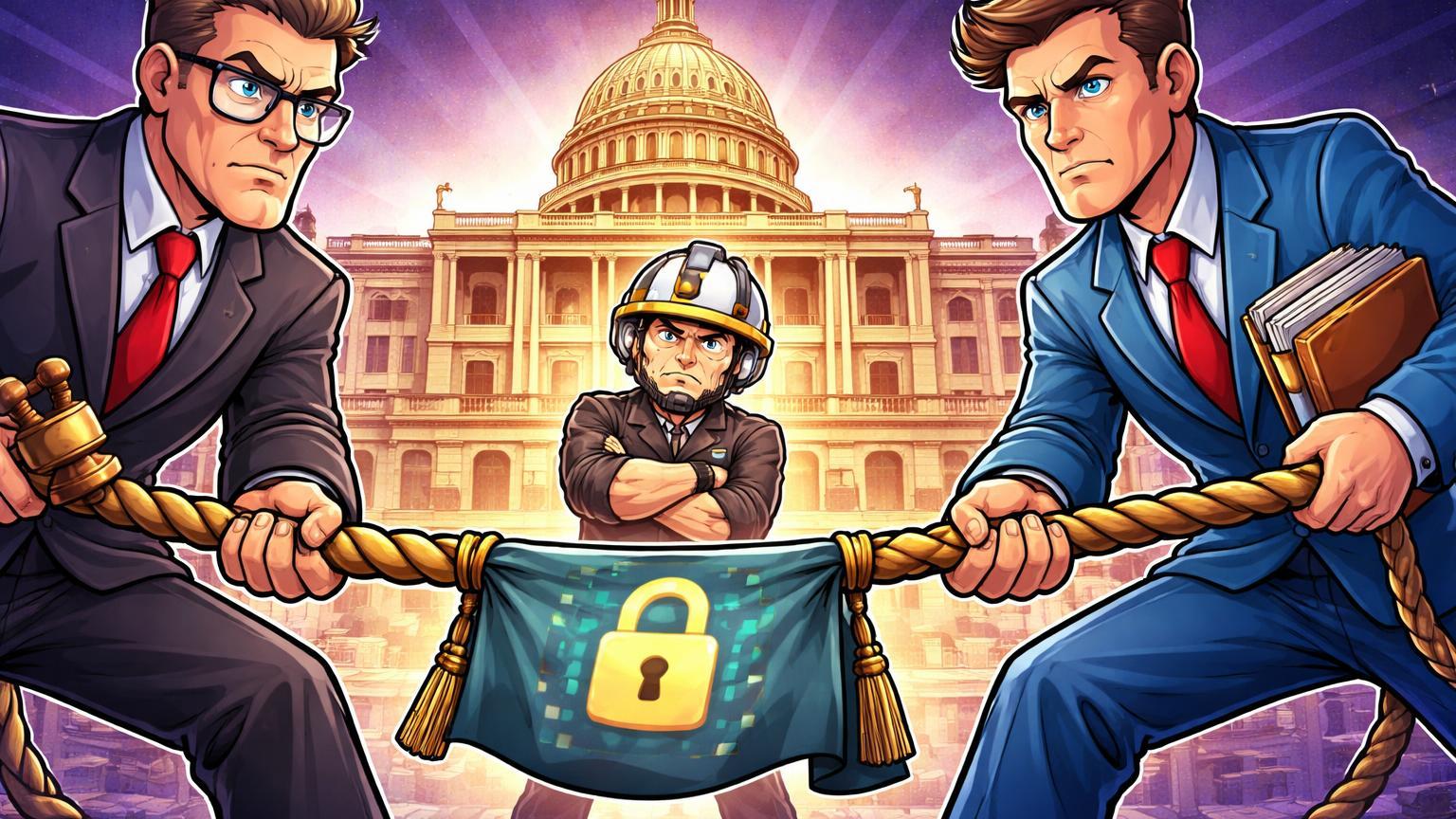 Personagens cartoon de SEC e CFTC puxando cabo de guerra por lei cripto, com trader frustrado da Coinbase, ilustrando impasse no Senado EUA