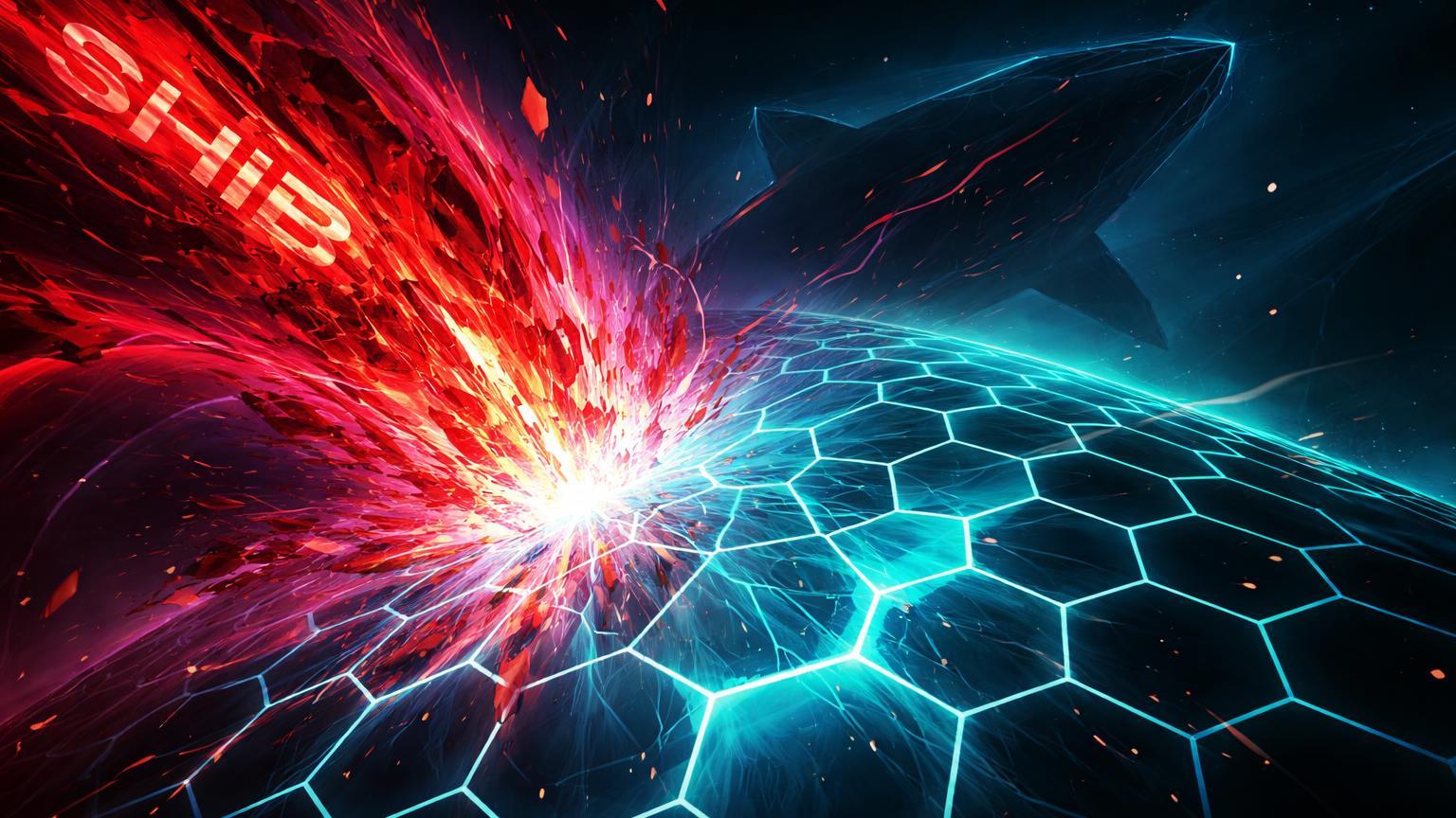 Onda vermelha de SHIB colidindo com rede DeFi cyan rachada, silhueta de baleia ao fundo, alertando despejo e liquidações em Hyperliquid