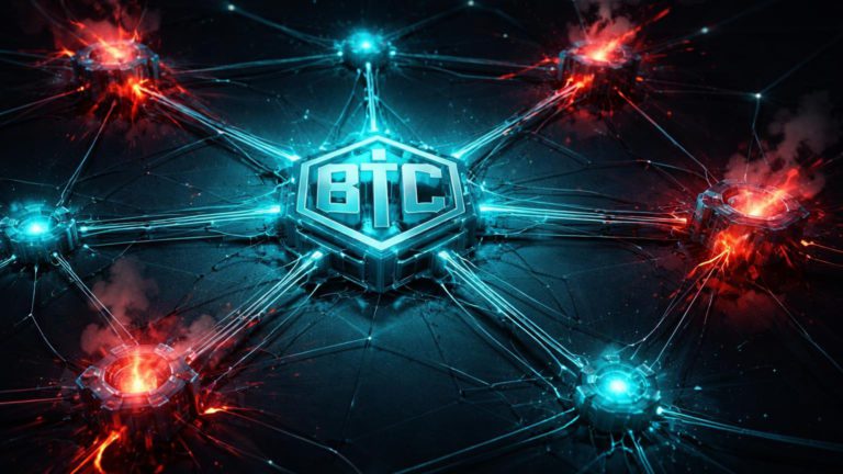 Rede neural digital com nó BTC central corrompido e vazamentos vermelhos, representando crise de segurança e prejuízos on-chain no Bitcoin