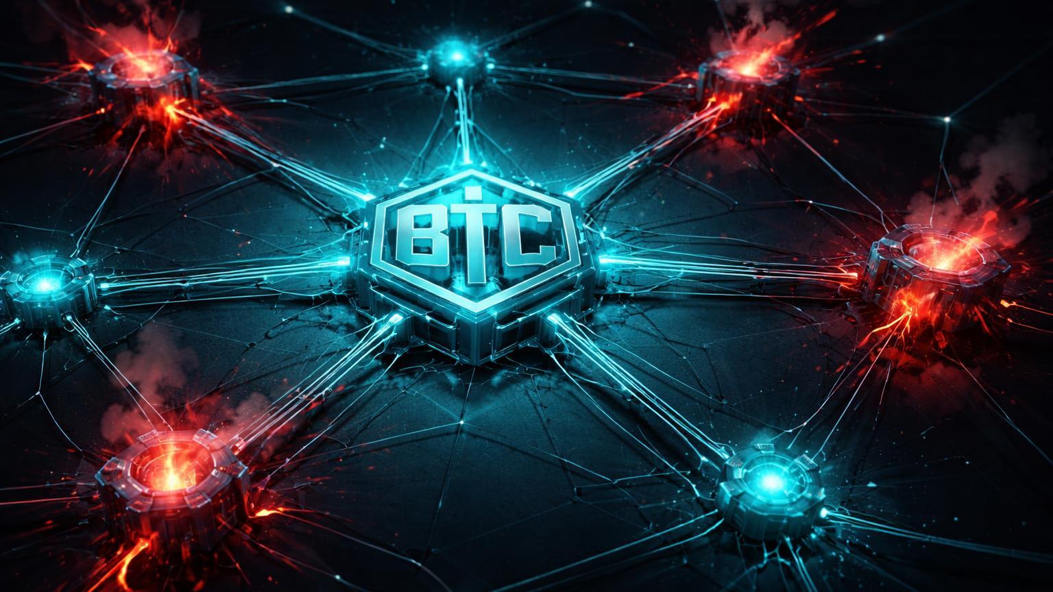 Rede neural digital com nó BTC central corrompido e vazamentos vermelhos, representando crise de segurança e prejuízos on-chain no Bitcoin