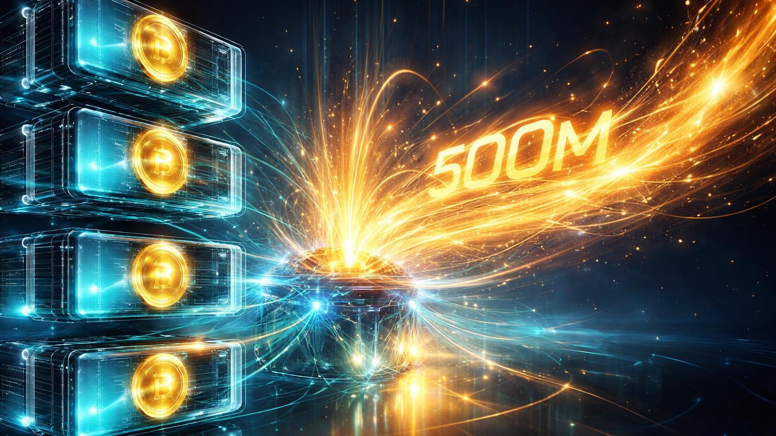GPUs tokenizadas translúcidas conectadas liberando fluxo dourado de crédito com 500M, simbolizando revolução no financiamento on-chain de IA