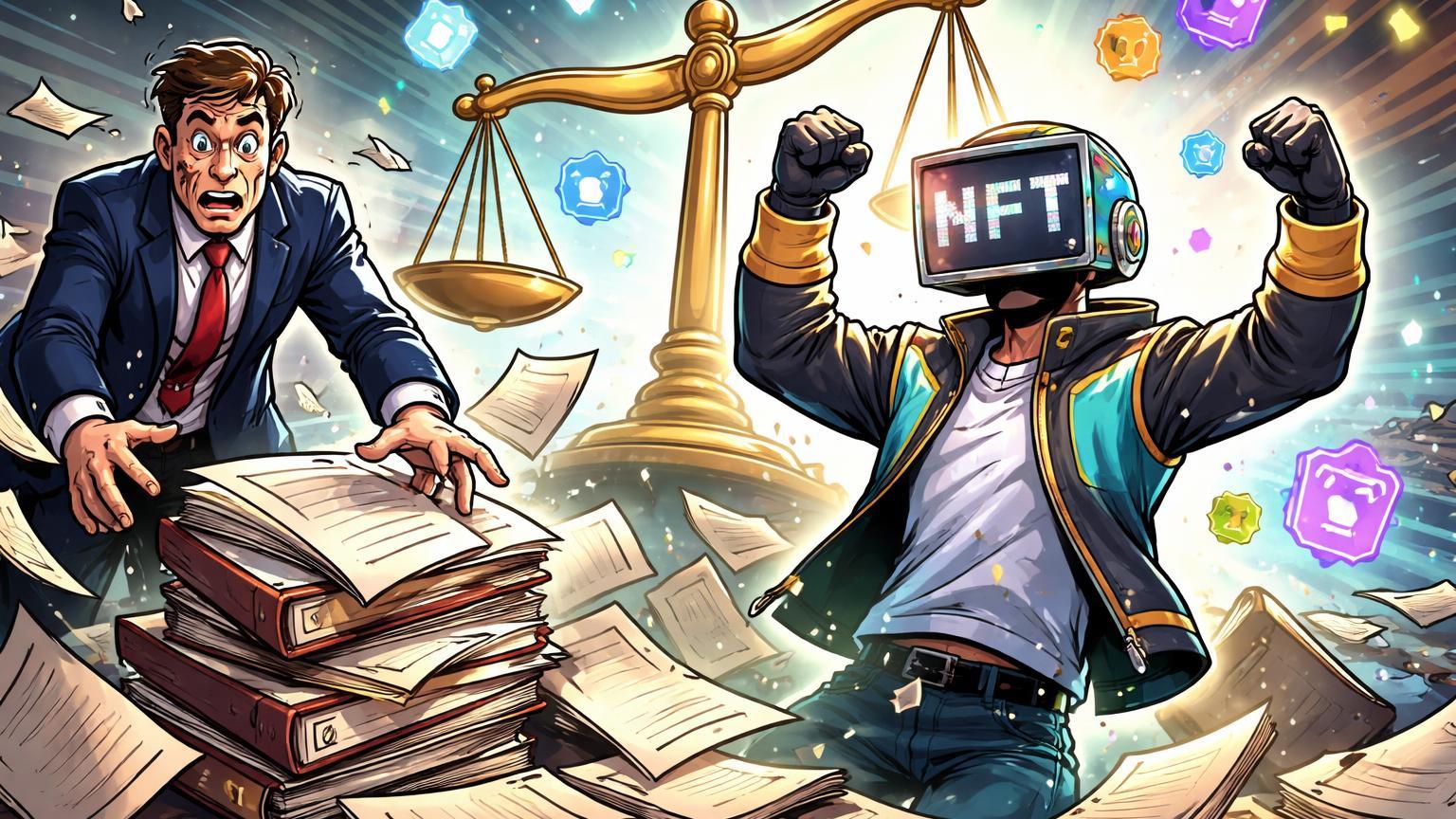 Promotor DOJ cartoon deixando cair documentos, libertando trader NFT estilizado, simbolizando cancelamento de processo de insider trading na OpenSea