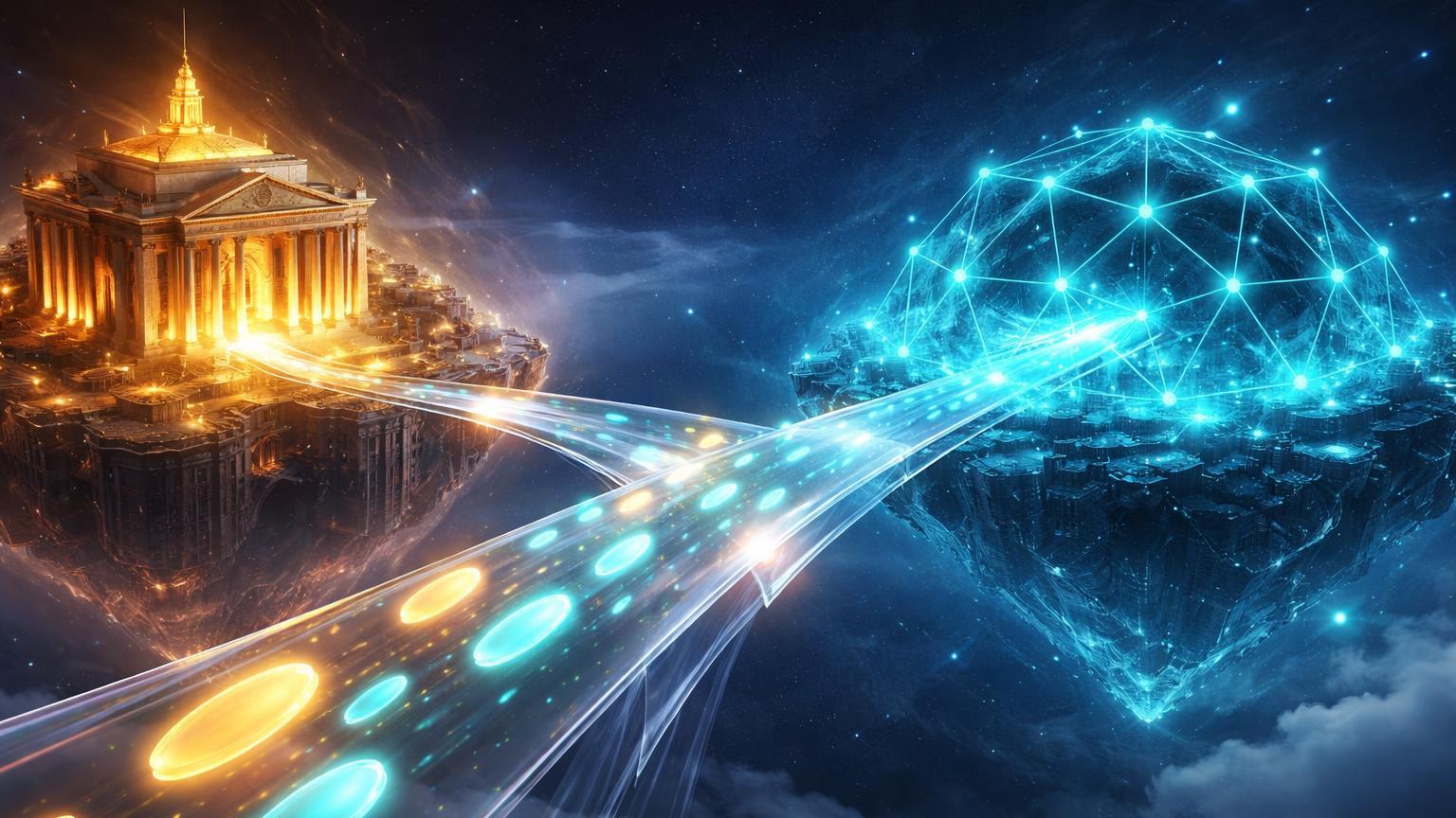 Ponte cristalina conectando fortaleza dourada Wall Street a rede hexagonal cyan Solana, simbolizando tokenizacao de 200+ acoes e ETFs em DeFi