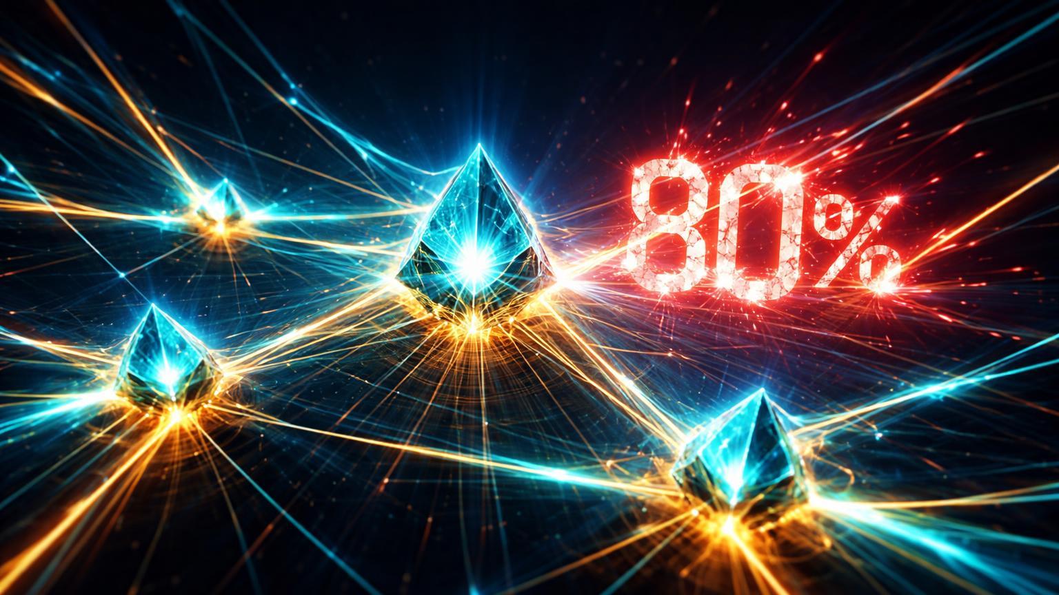 Rede elástica de energia cyan esticada com nós XRP e '80%' fracturado, sinalizando disparo no open interest e alta volatilidade