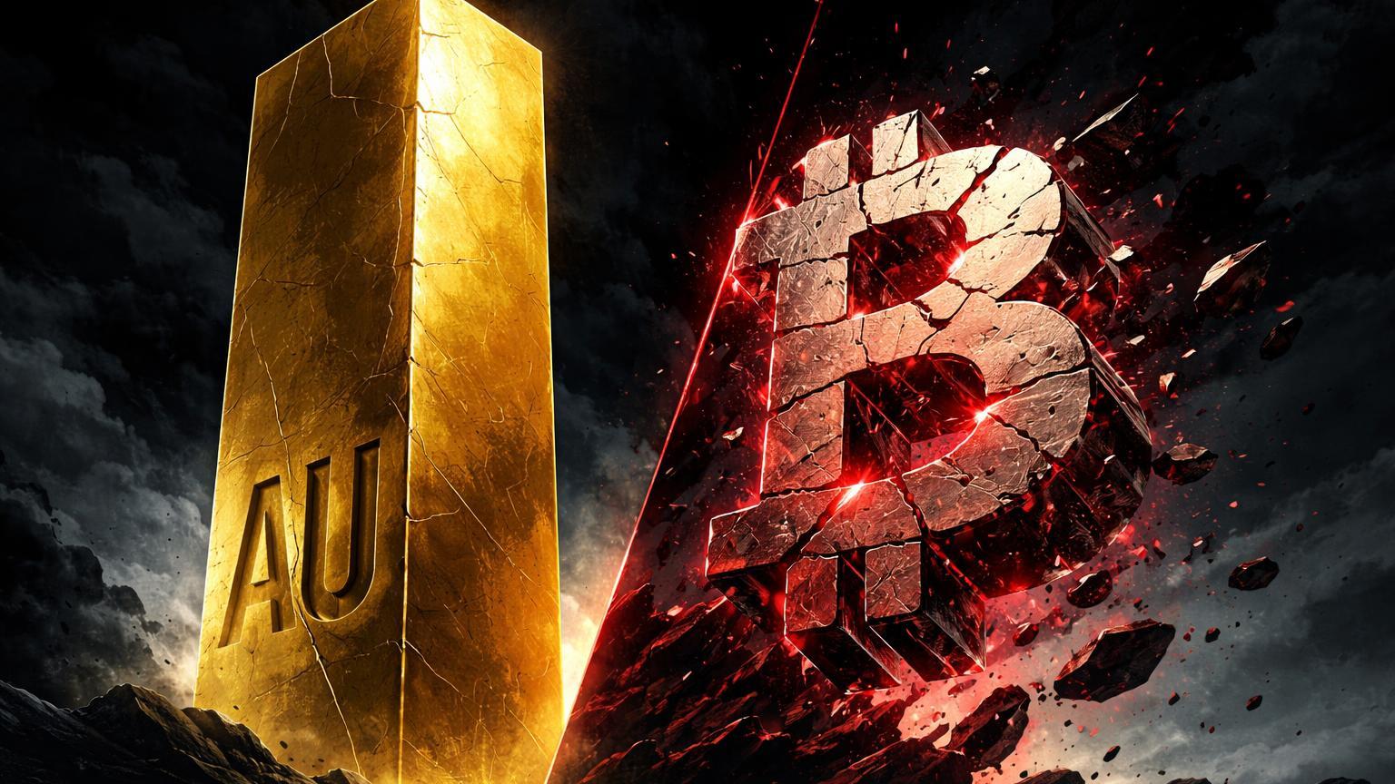 Monolito dourado intacto contrastando com prisma BTC fragmentado e rachado, simbolizando recordes do ouro versus queda do Bitcoin e questionamento do 'ouro digital'