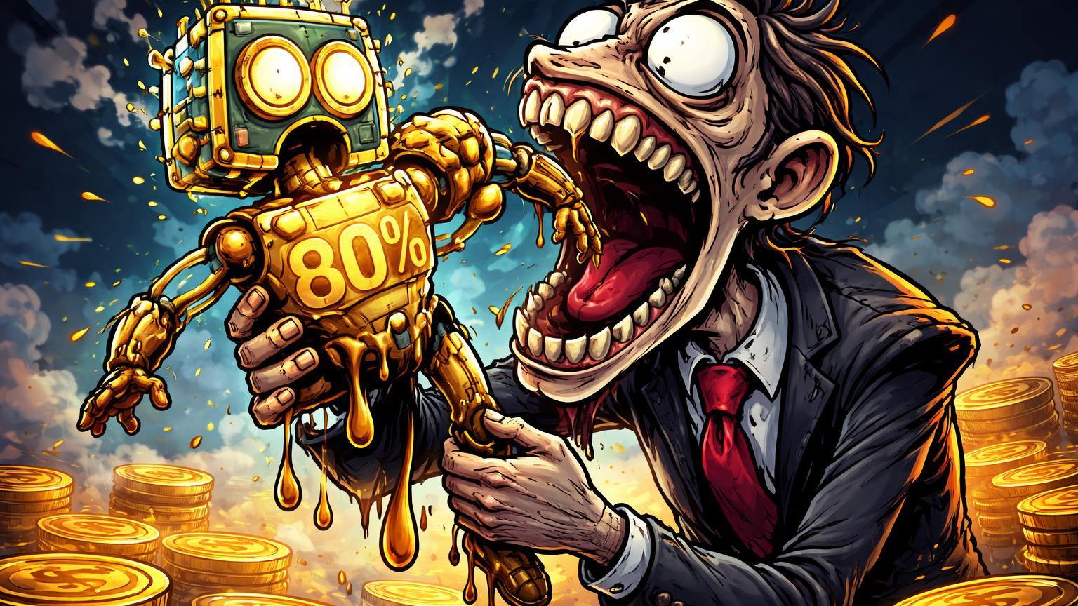 Robô IA cartoon derretendo na boca de desenvolvedor faminto cartoon, com '80%' derretendo, ilustrando rug-pull da meme coin RALPH