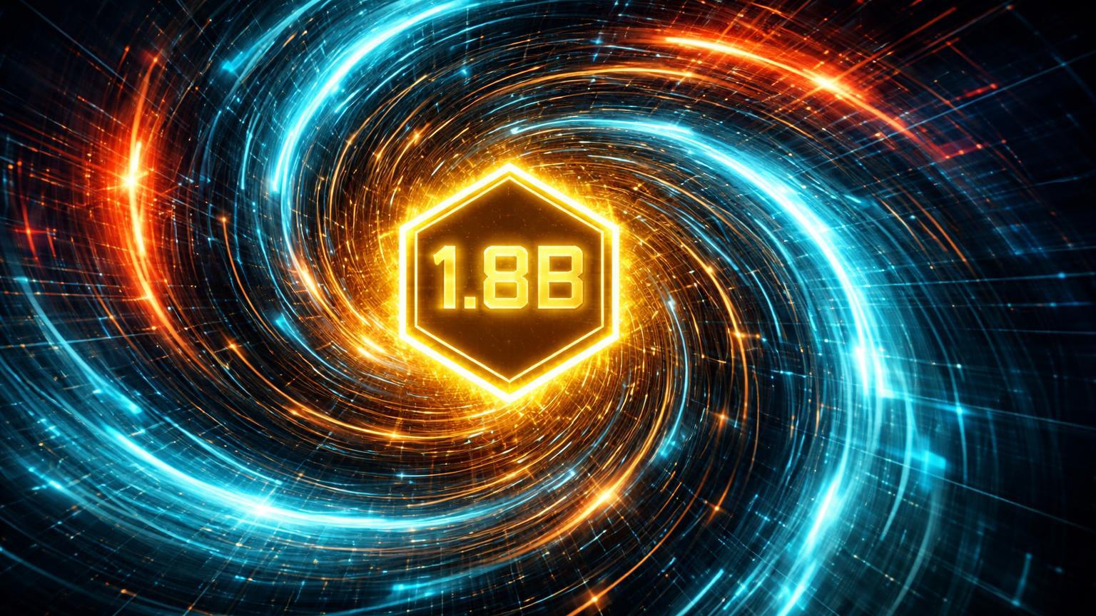 Vórtice neon com hexágono '1.8B' emitindo ondas de choque em grid digital, simbolizando expiração de opções BTC e volatilidade no mercado