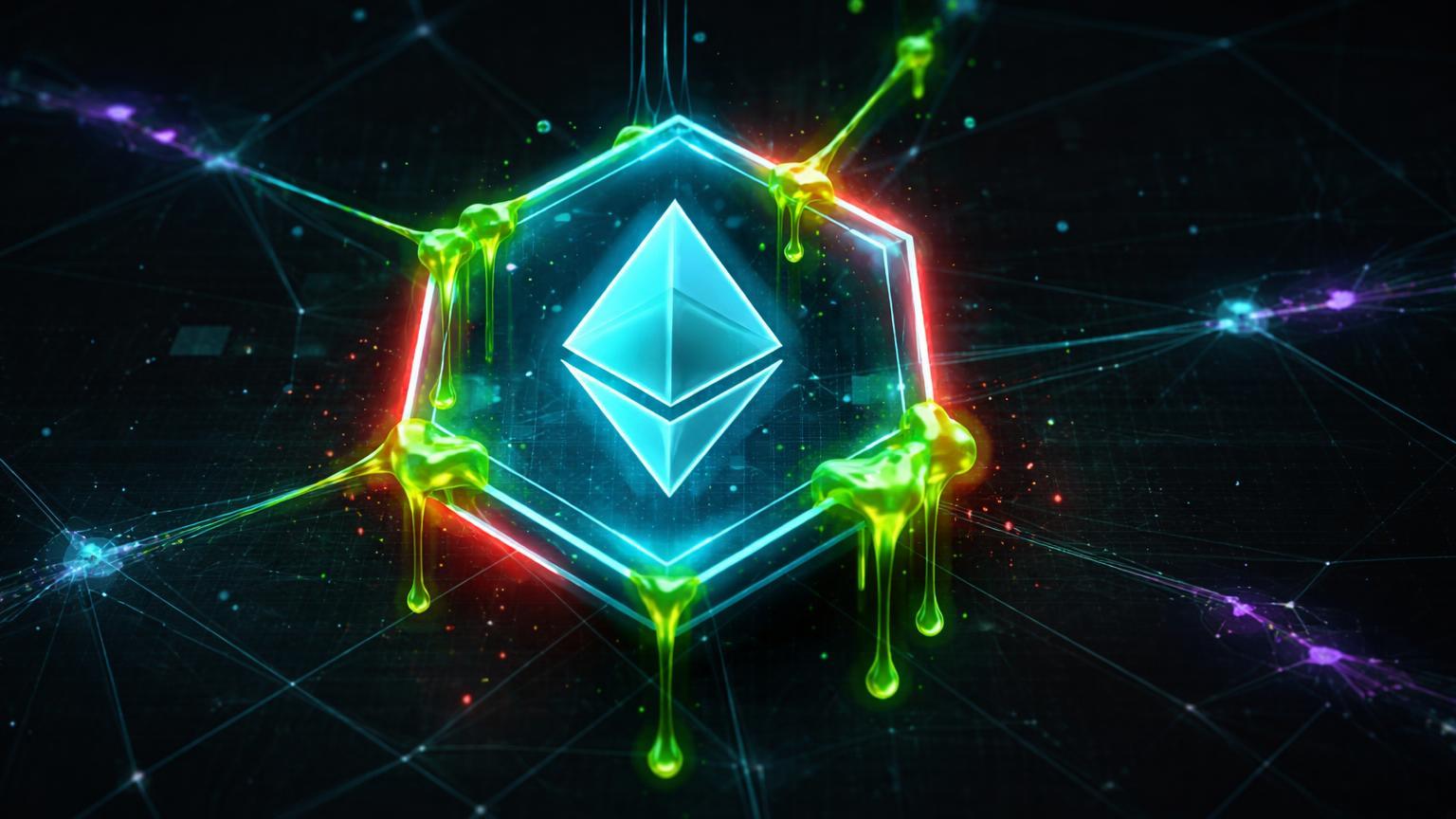 Nó hexagonal Ethereum infiltrado por micro-gotas venenosas verdes com aura vermelha, alertando sobre golpe de address poisoning