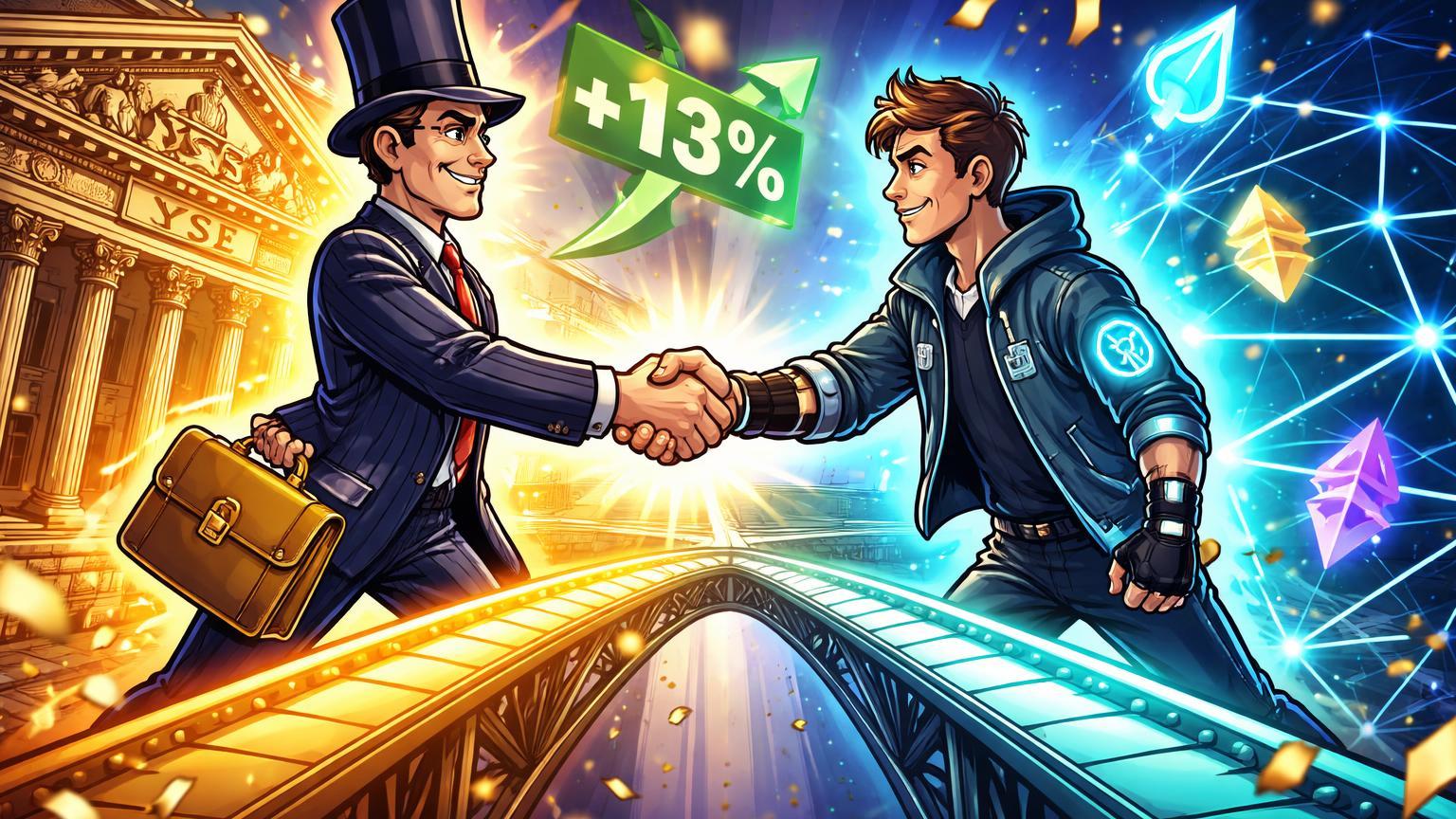 Executivos cartoon apertando mãos sobre ponte unindo NYSE clássica a rede blockchain, celebrando IPO da BitGo e tokenização