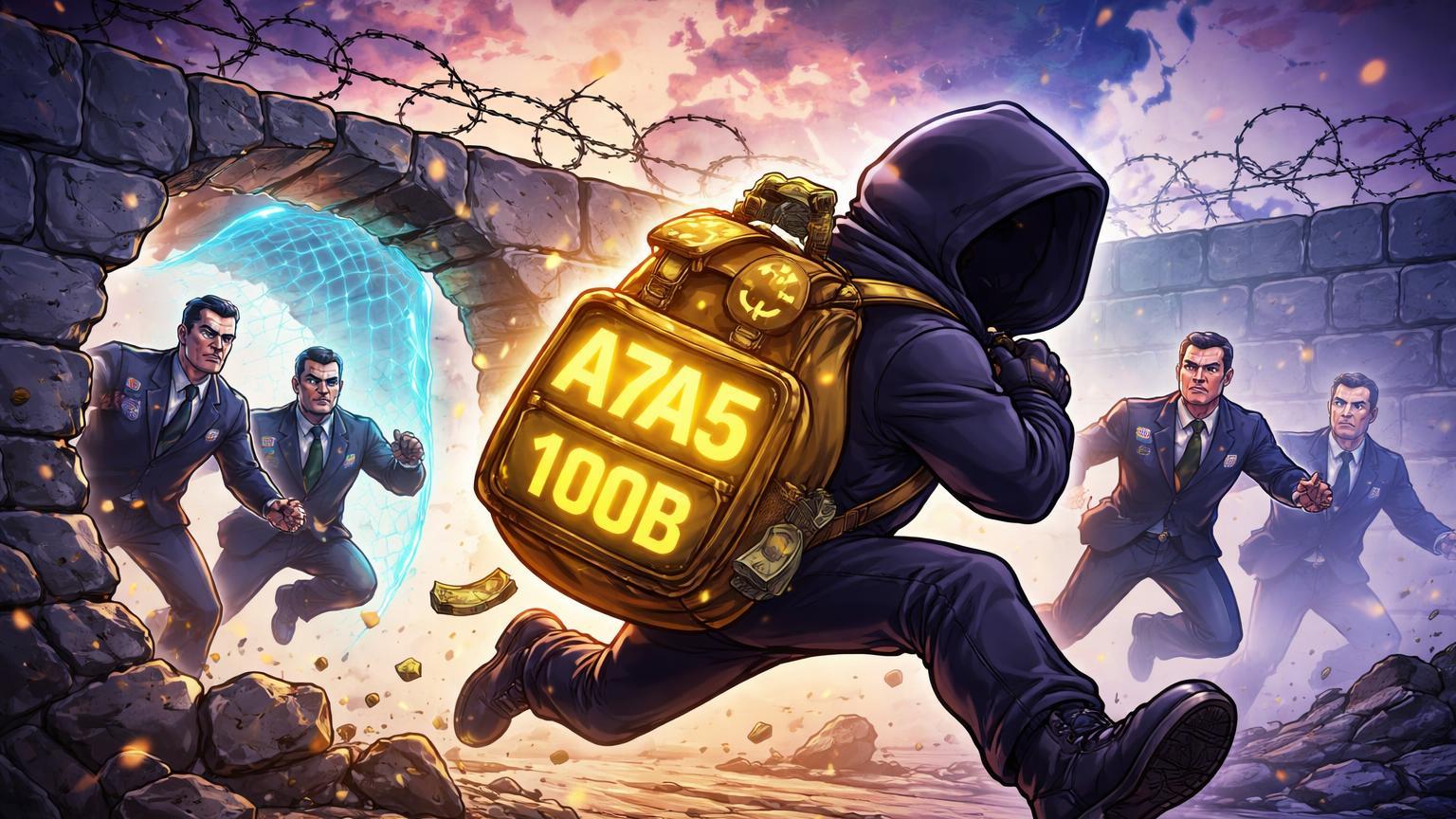 Personagem cartoon encapuzado carregando mochila A7A5 com 100B por brecha em muro de sanções, cercado por reguladores, simbolizando evasão russa