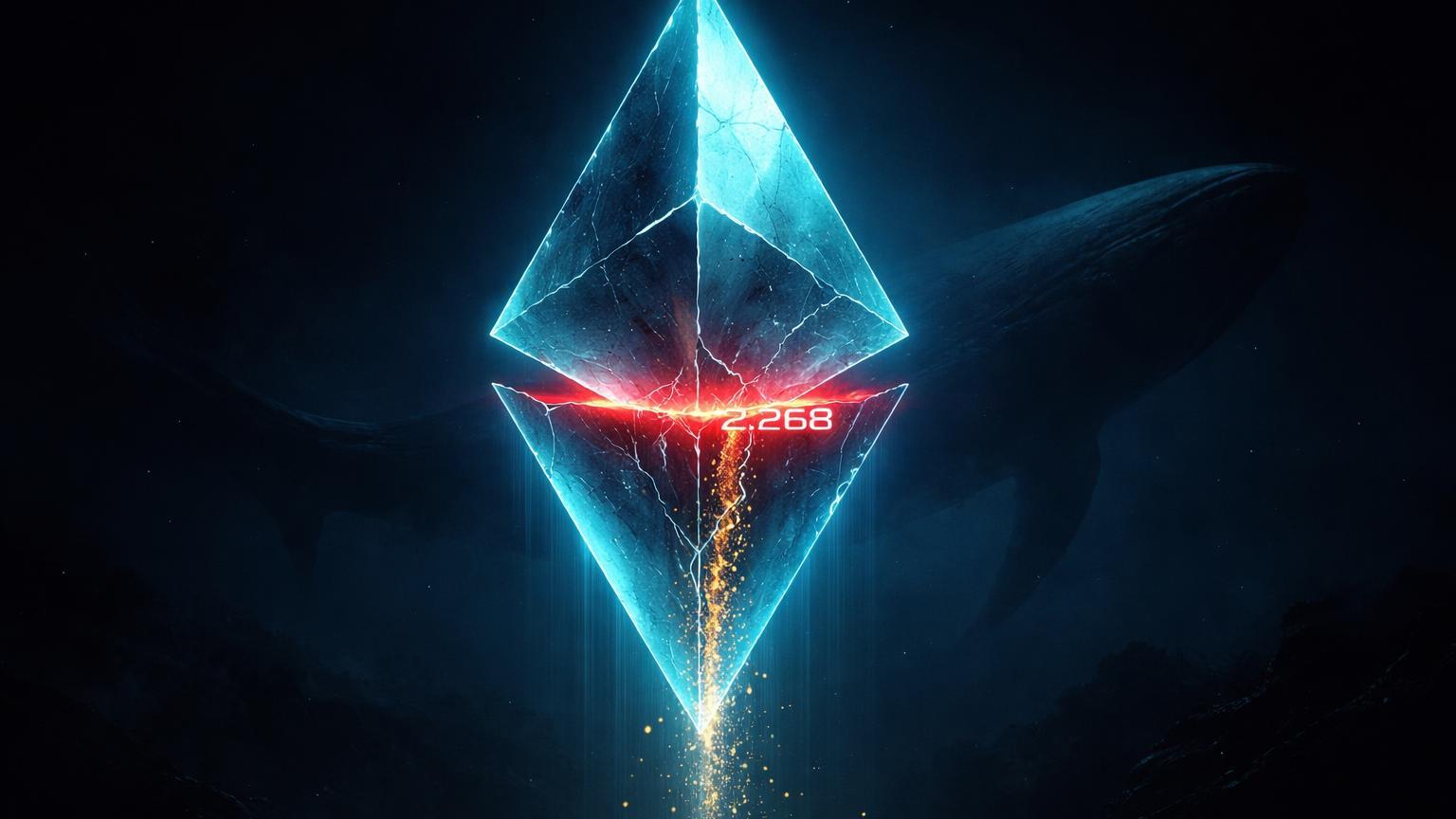 Prisma hexagonal de Ethereum com rachadura vermelha no nível 2.268 e partículas douradas caindo, ilustrando risco de liquidação de baleia