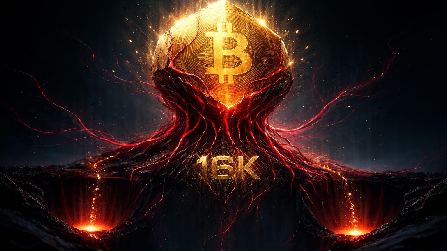 Núcleo cristalino Bitcoin corrompido por veias vermelhas pulsantes e fluxo de partículas para poços, alertando lucros on-chain negativos
