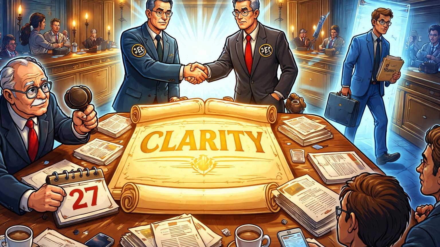 Personagens cartoon em reunião do Senado com pergaminho CLARITY, SEC e CFTC harmonizando enquanto executivo tech hesita, simbolizando markup regulatório cripto