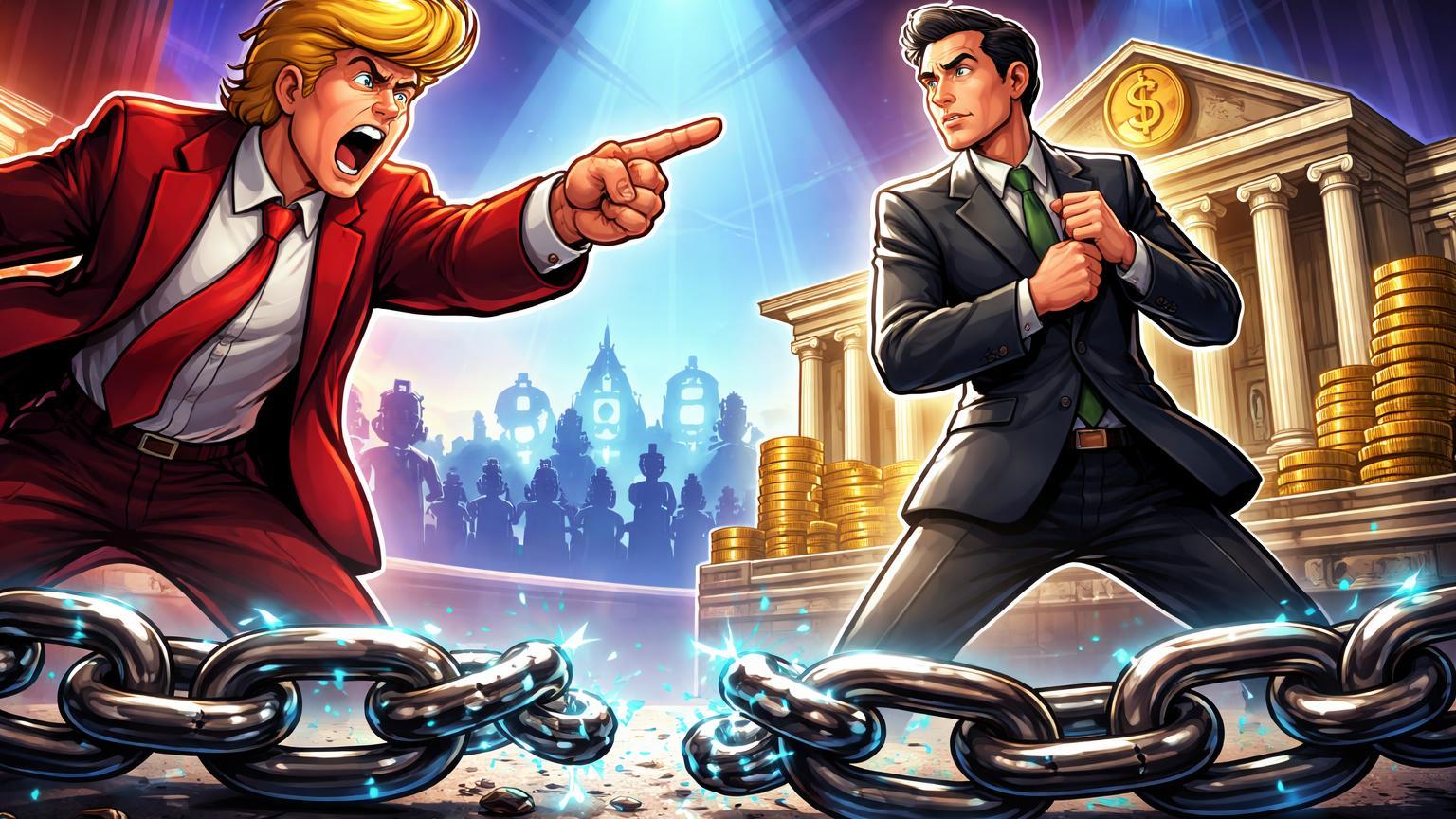 Personagens cartoon de político populista e banqueiro em confronto judicial com correntes quebradas, simbolizando processo por debanking e lições para criptomoedas
