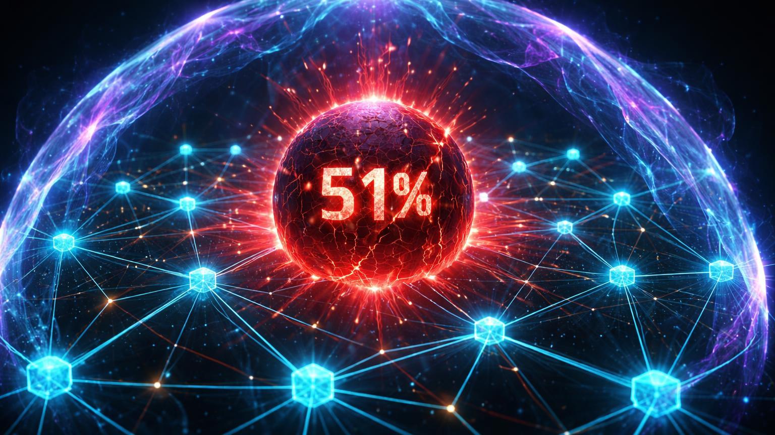 Rede blockchain com nó dominante marcado 51% pulsando em vermelho, protegida por escudo quântico roxo, simbolizando riscos de mineração e defesas contra quântica