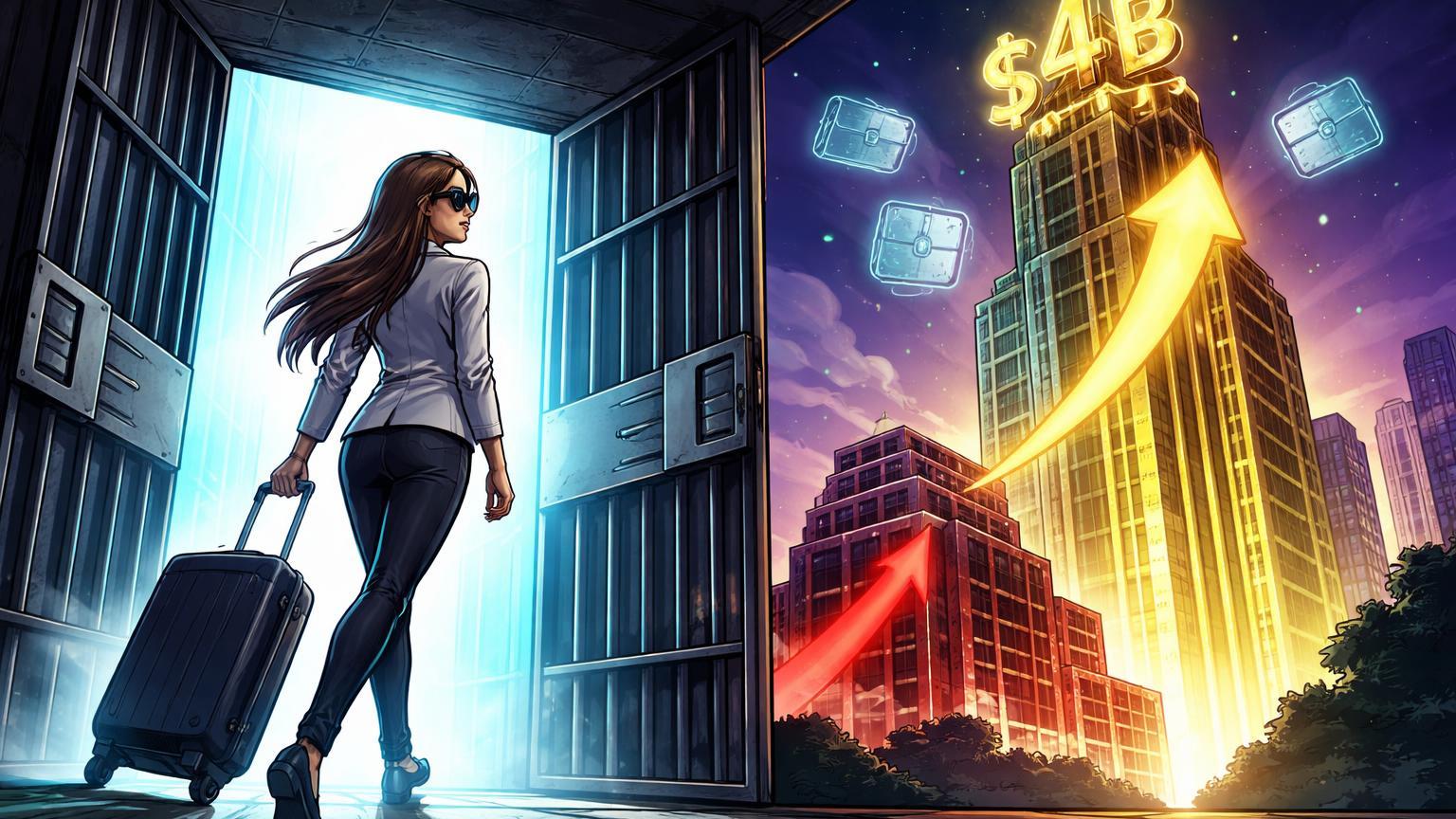 Figura cartoon saindo de prisão simbólica rumo a prédios de BitGo descendente e Ledger ascendente com $4B, marcando fim da era FTX e IPOs de custódia