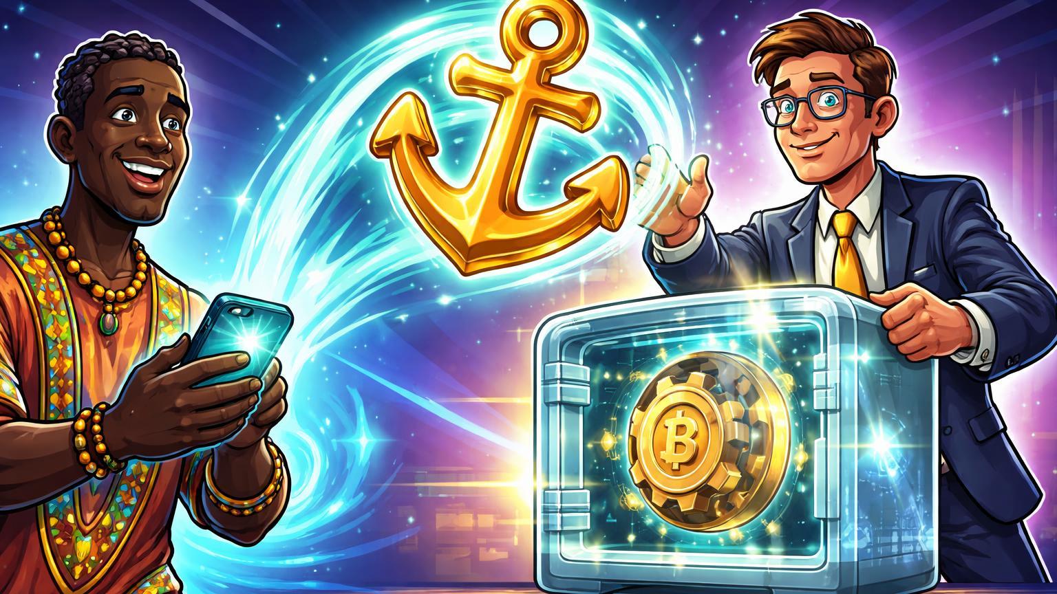 Personagens cartoon de África e executivo bancário conectados por âncora stablecoin em fluxo cyan, simbolizando utilidade em remessas e aquisição Brex