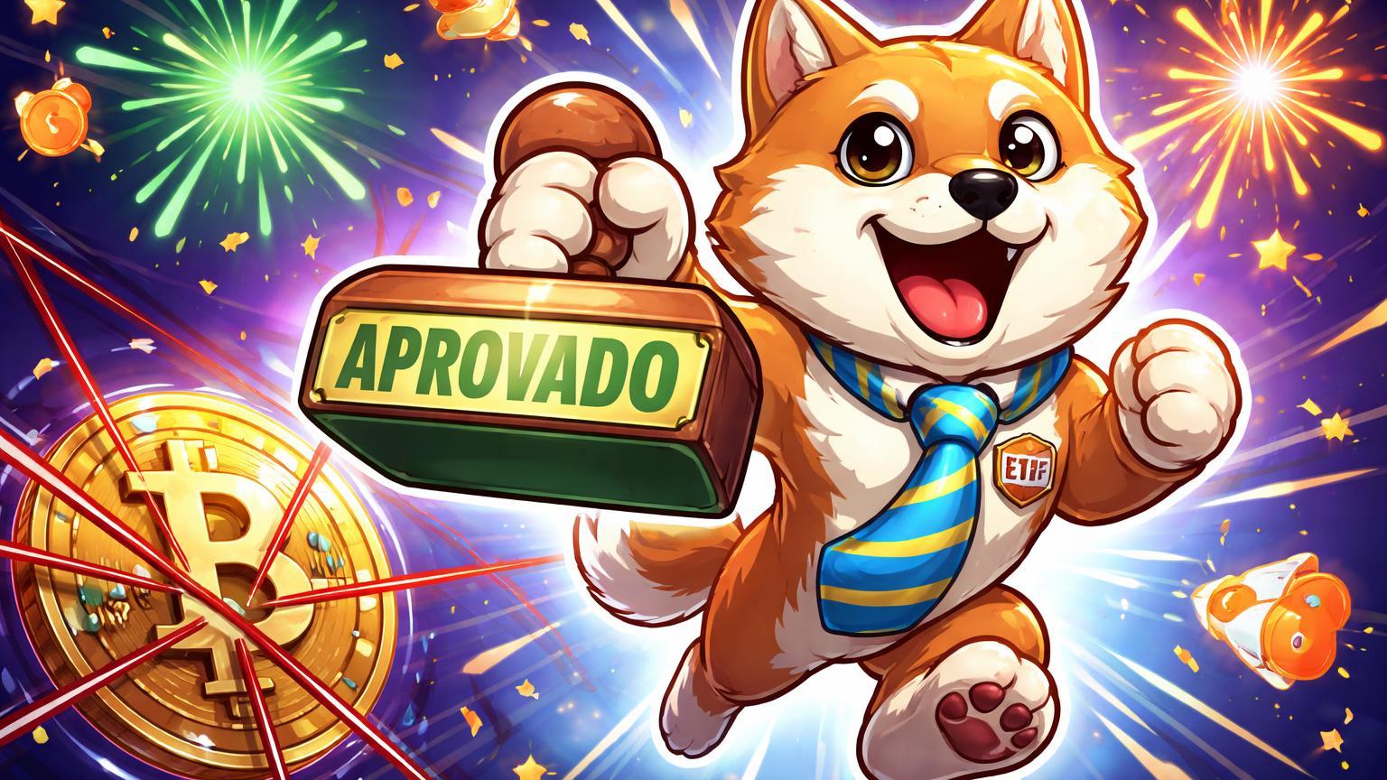 Cachorro Doge cartoon com gravata Nasdaq e carimbo ETF aprovado, pulando sobre Bitcoin estagnado na cruz da morte, celebrando ascensão dos memecoins
