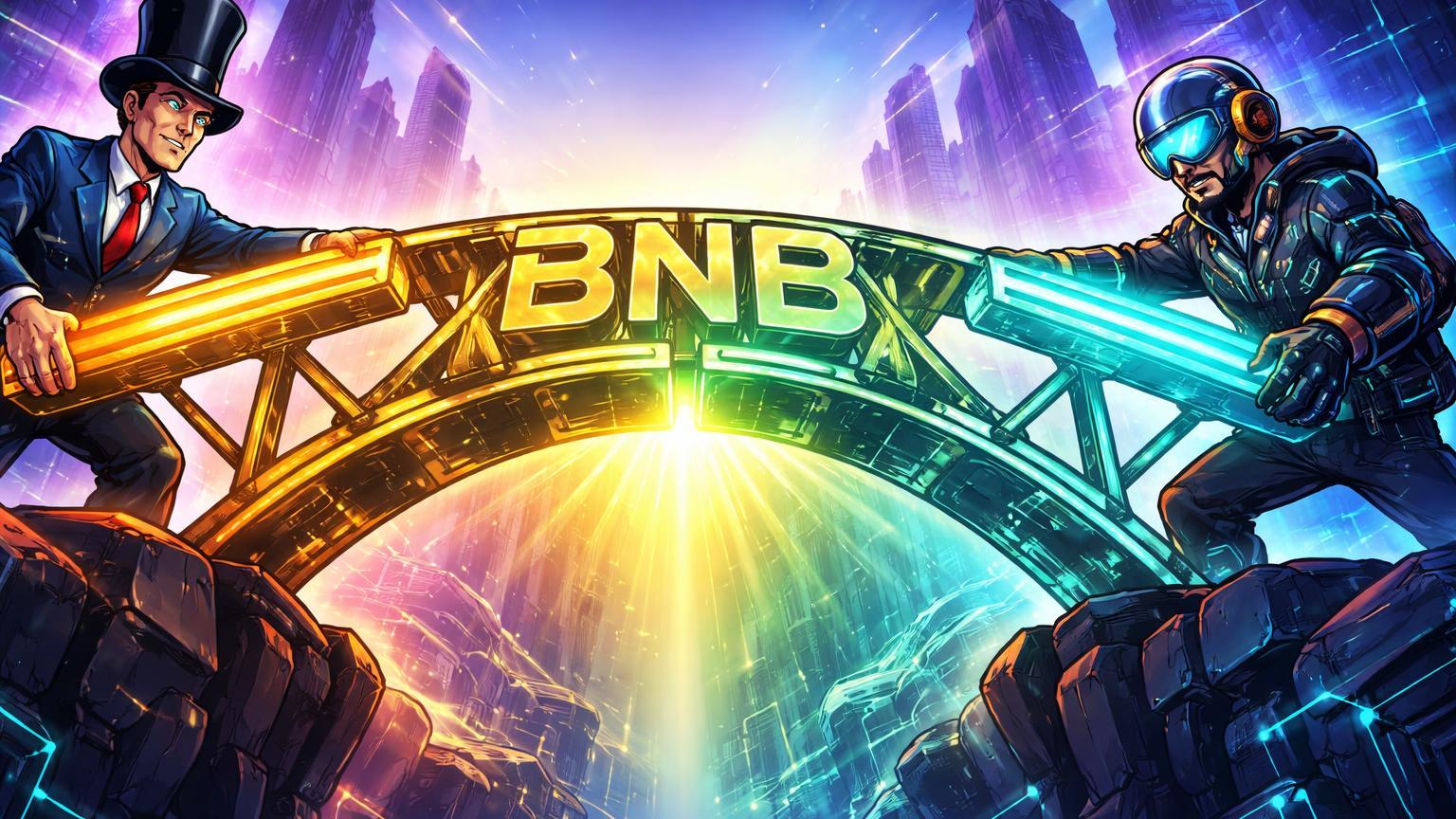 Executivos cartoon estilizados conectando ponte luminosa com BNB central, simbolizando ETF Grayscale e adoção institucional em altcoins