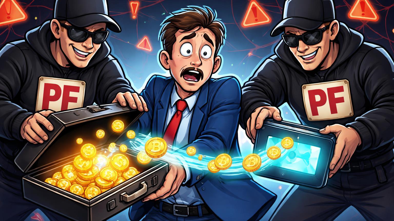 Impostores cartoon como falsos agentes PF sugando criptomoedas de carteira de vítima chocada, alertando sobre golpes no Brasil