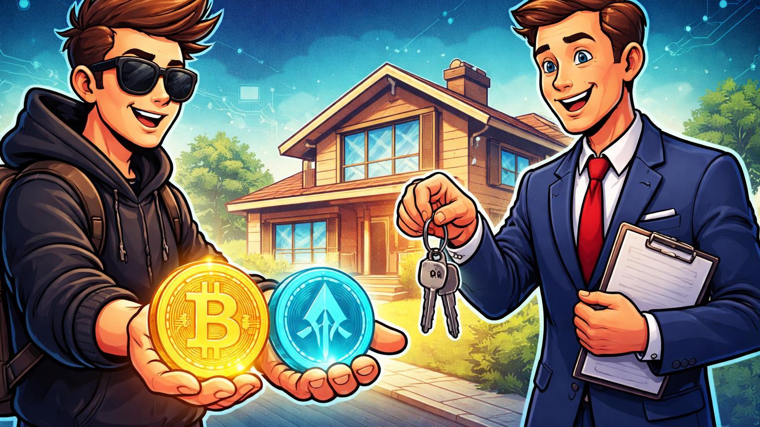 Investidor cripto cartoon trocando BTC e ETH por chaves de casa com corretor, simbolizando hipotecas financiadas por criptomoedas nos EUA