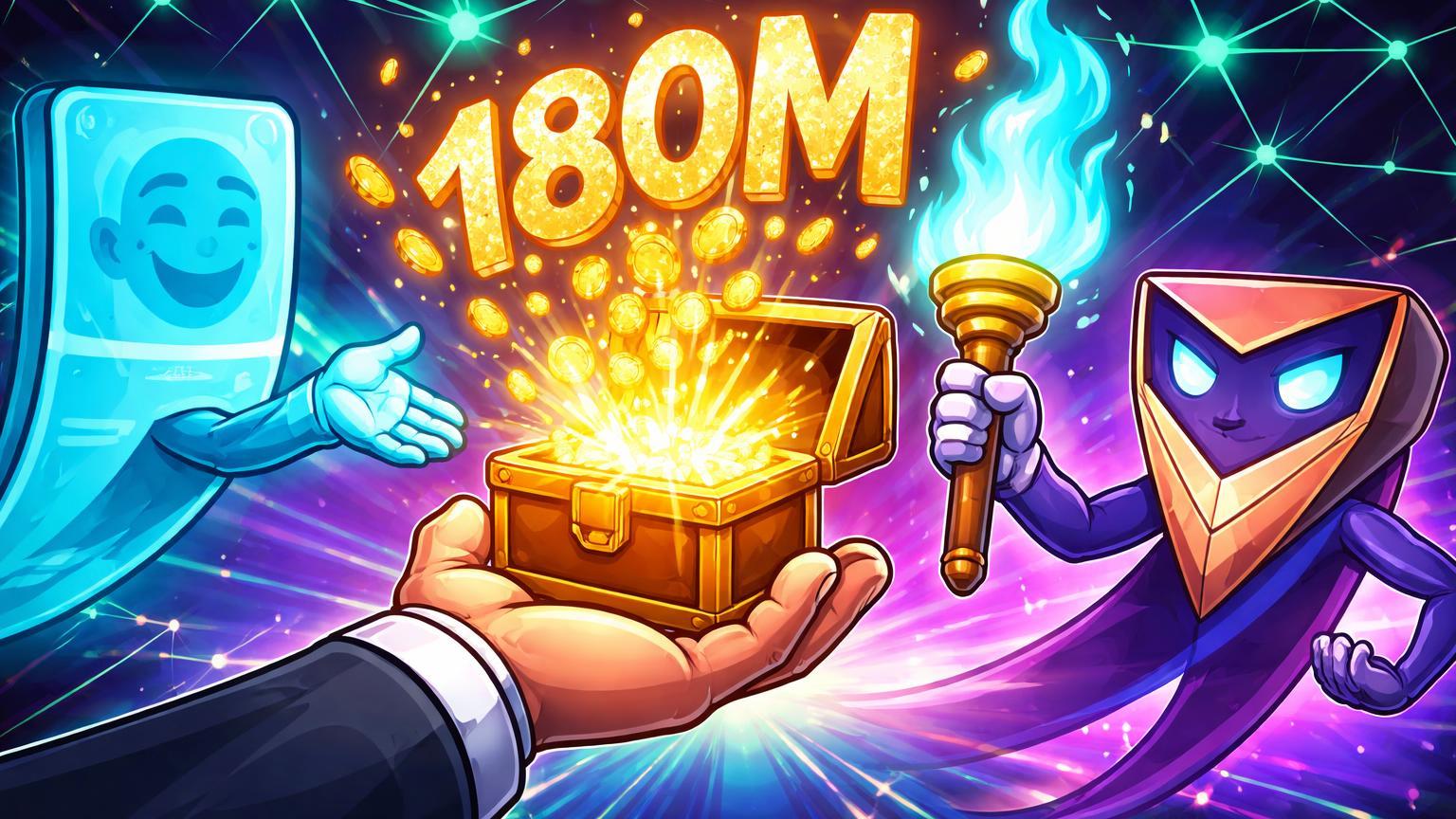 Figuras cartoon de Farcaster devolvendo baú com 180M a investidores enquanto Neynar passa tocha flamejante, rede SocialFi pulsante simbolizando continuidade e alta em Web3